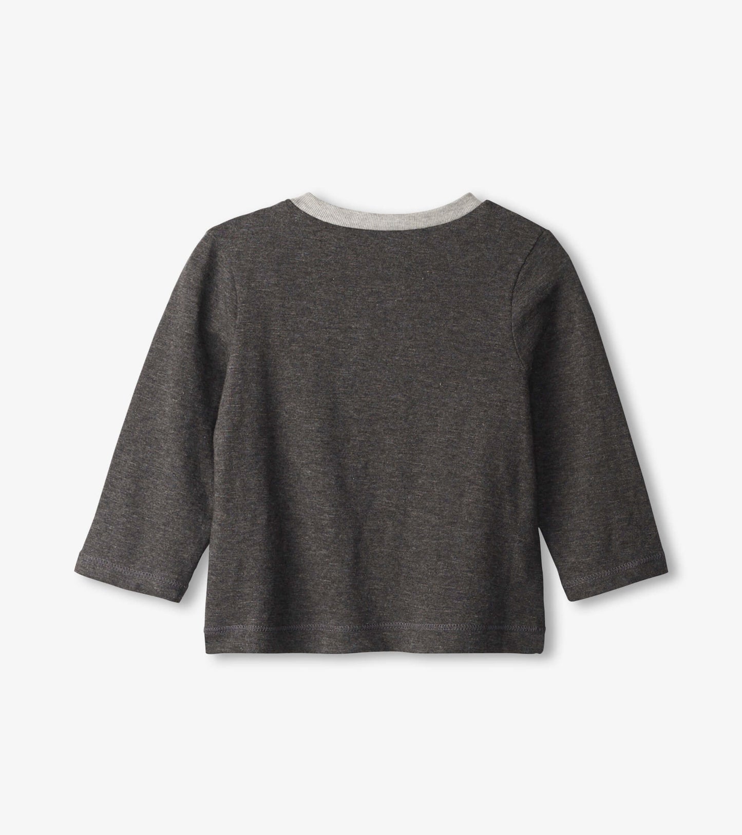 Gray long sleeve baby tee with a round neckline and soft fabric, featuring a simple design on the back.