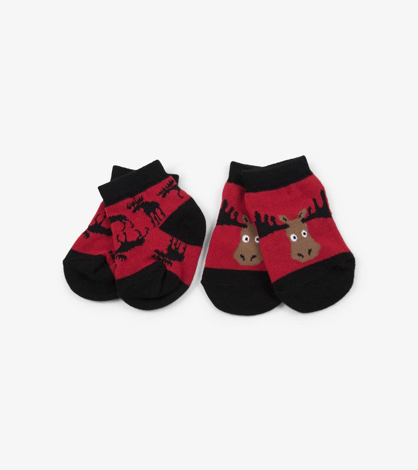 Red baby socks featuring moose patterns, with black accents, suitable for infants aged 12M-24M.