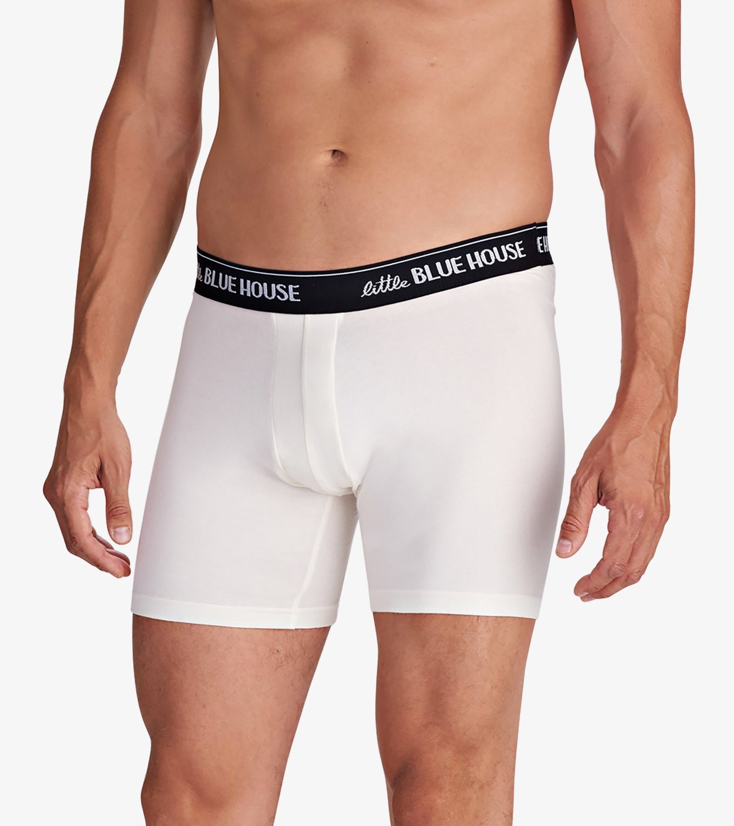 White men's boxer briefs with a black waistband, featuring a snug fit and soft material.