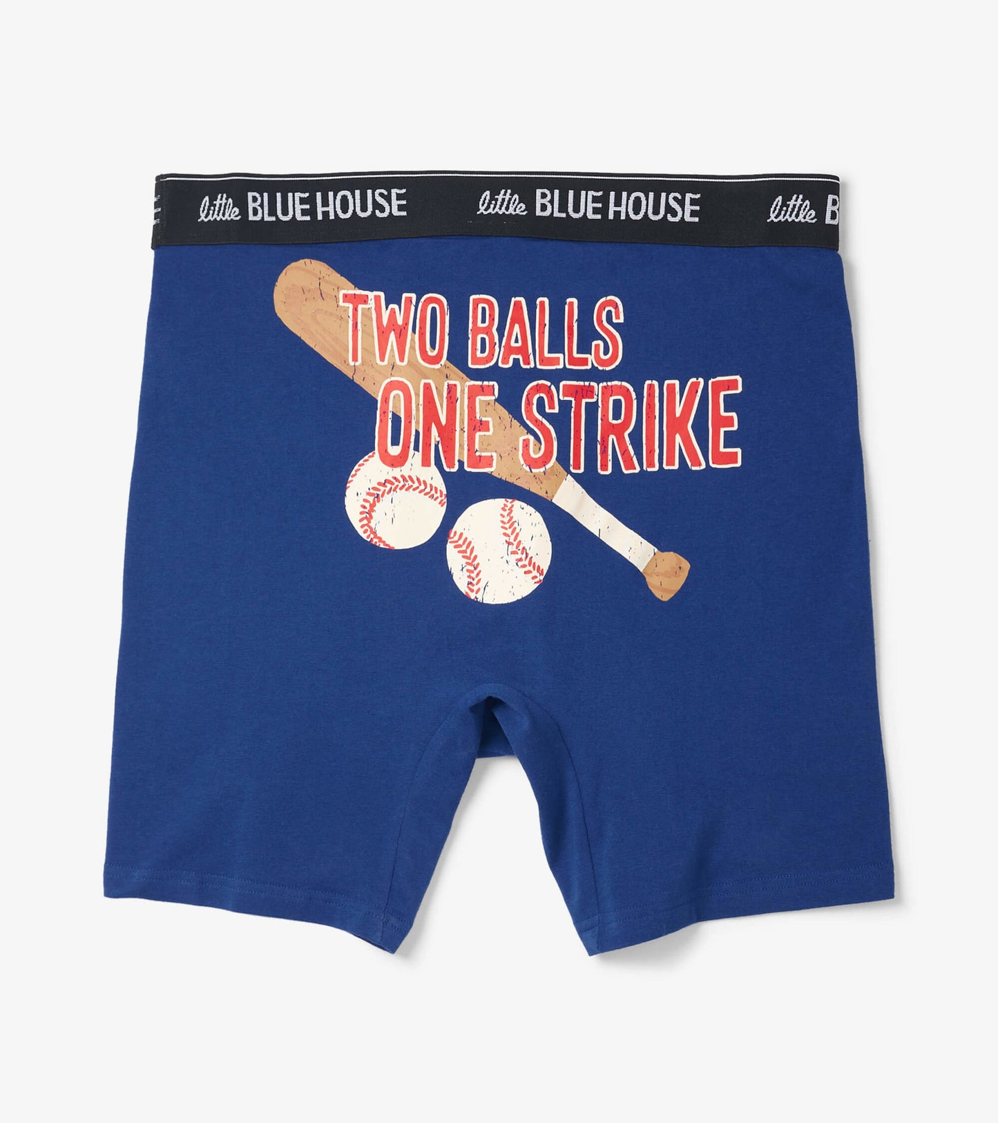 Blue cotton boxer briefs featuring a playful graphic of baseballs and a bat with the text "TWO BALLS ONE STRIKE.