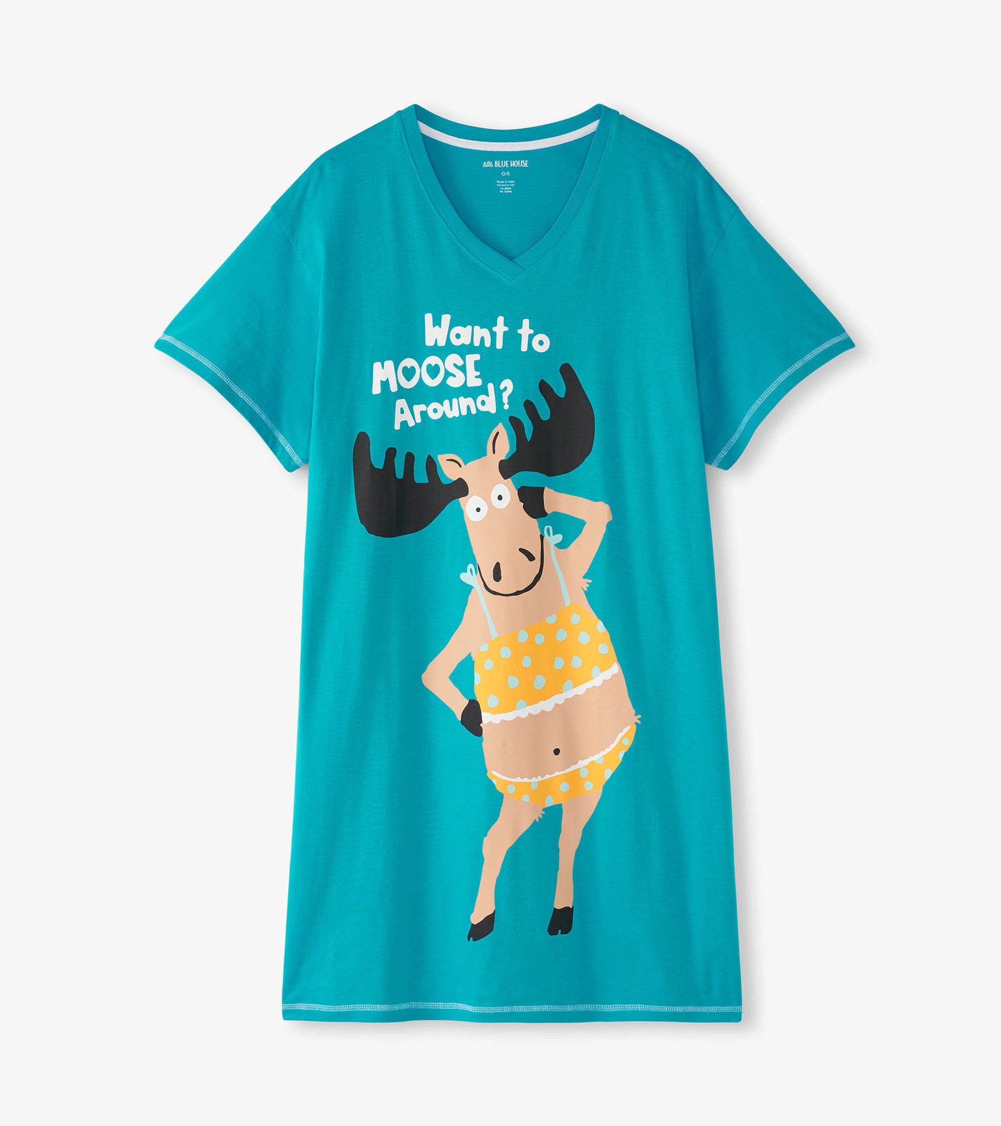 Turquoise sleepshirt featuring a playful moose graphic in a polka dot bikini and the text "Want to MOOSE Around?