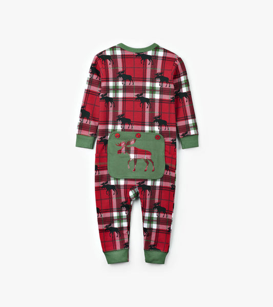 Red plaid baby union suit featuring moose patterns and a green back pocket with a moose design. Long sleeves and cuffs.