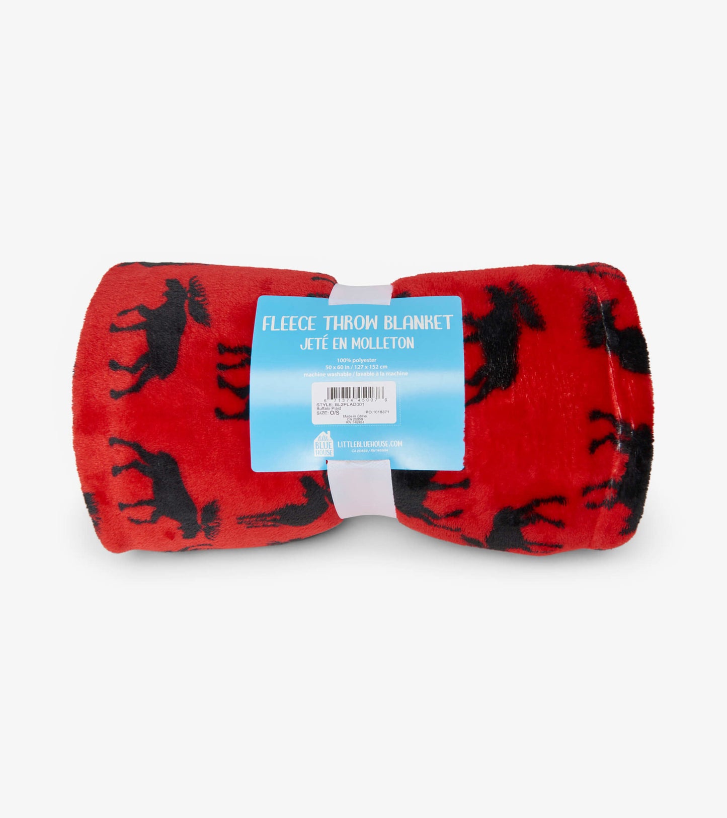 Red fleece blanket featuring black moose silhouettes, rolled and secured with a label.