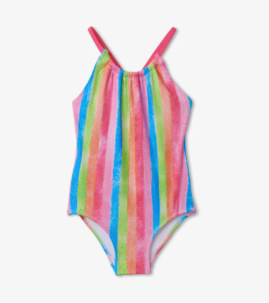 Colorful striped swimsuit featuring pink, blue, green, and orange hues with adjustable straps and a gathered neckline.