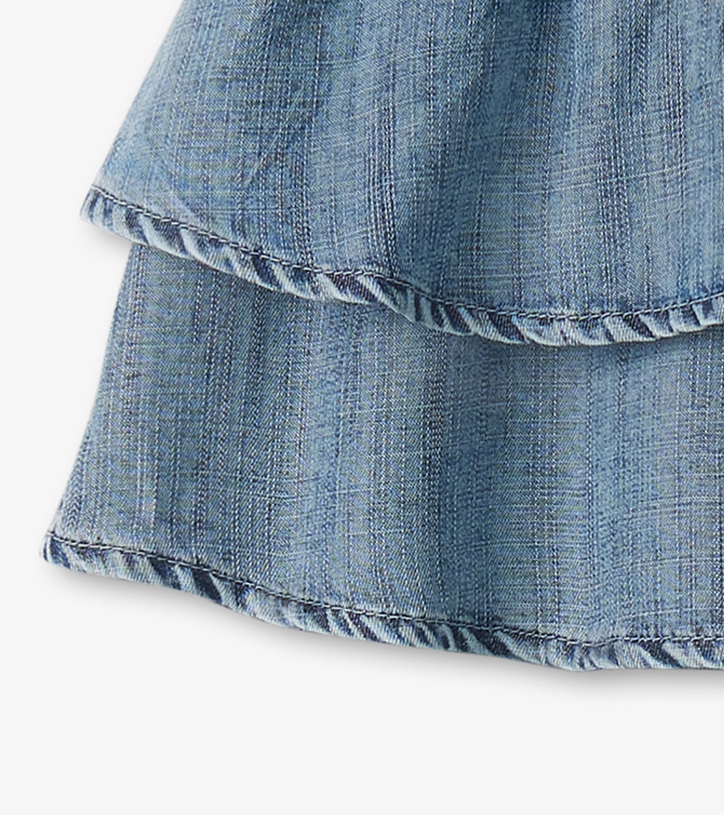 Light blue Tencel smocked skirt with layered ruffles and a soft texture, ideal for casual wear.