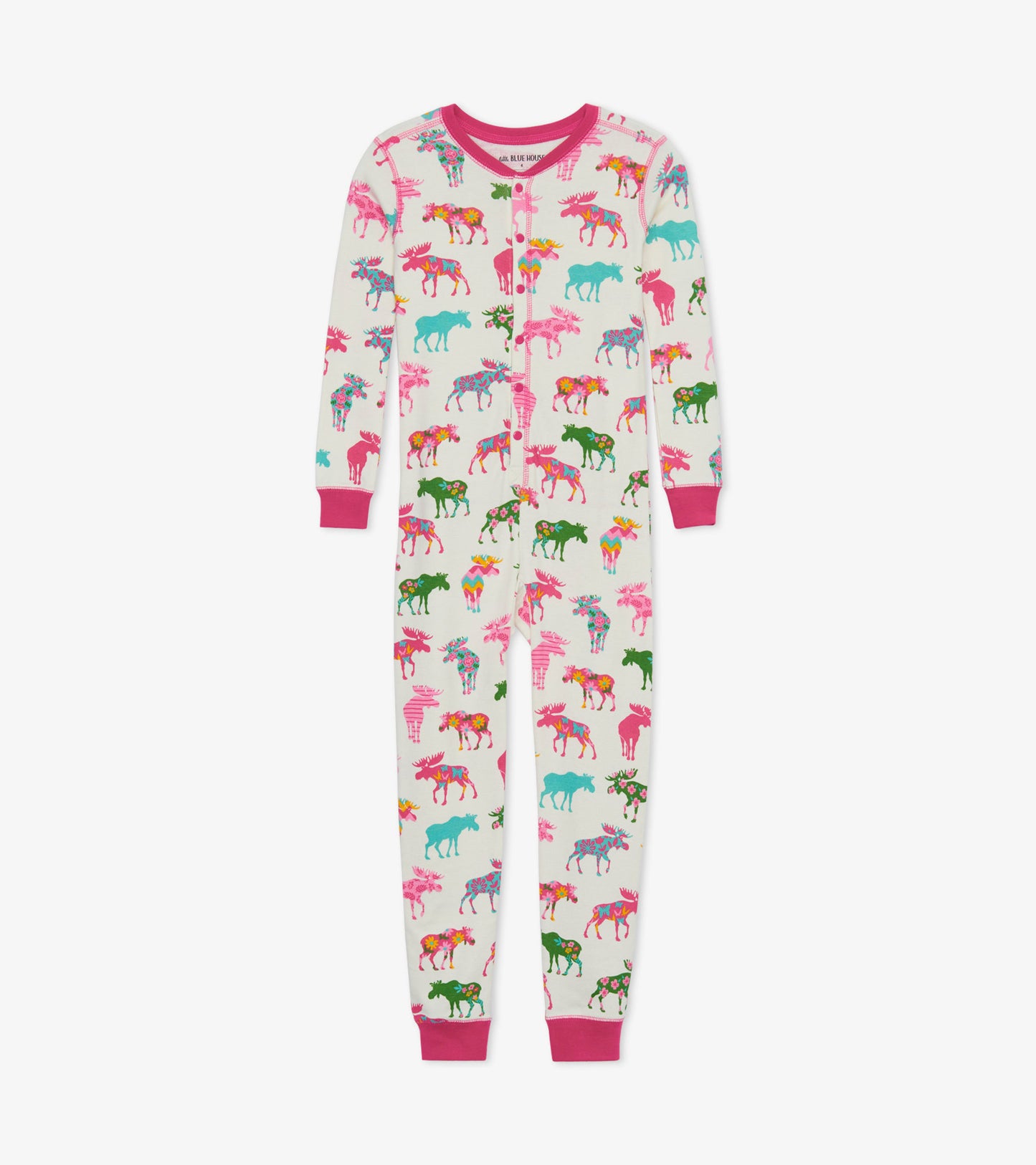 Colorful patterned onesie featuring moose in various colors on a cream background, with pink cuffs and neckline.