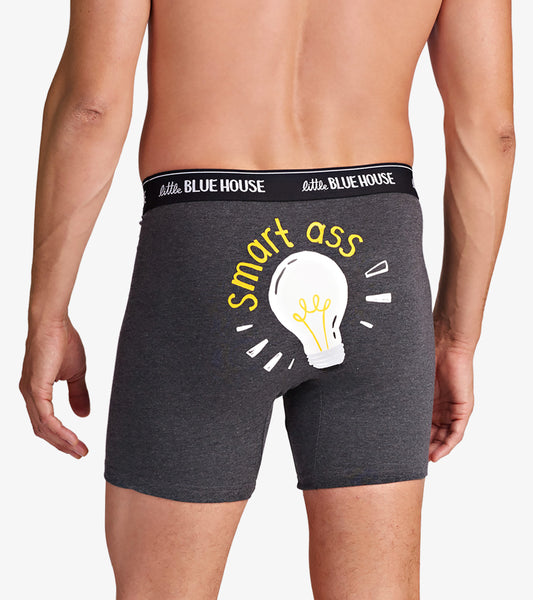 Gray boxer briefs featuring a glow-in-the-dark light bulb graphic and "smart ass" text on the back.
