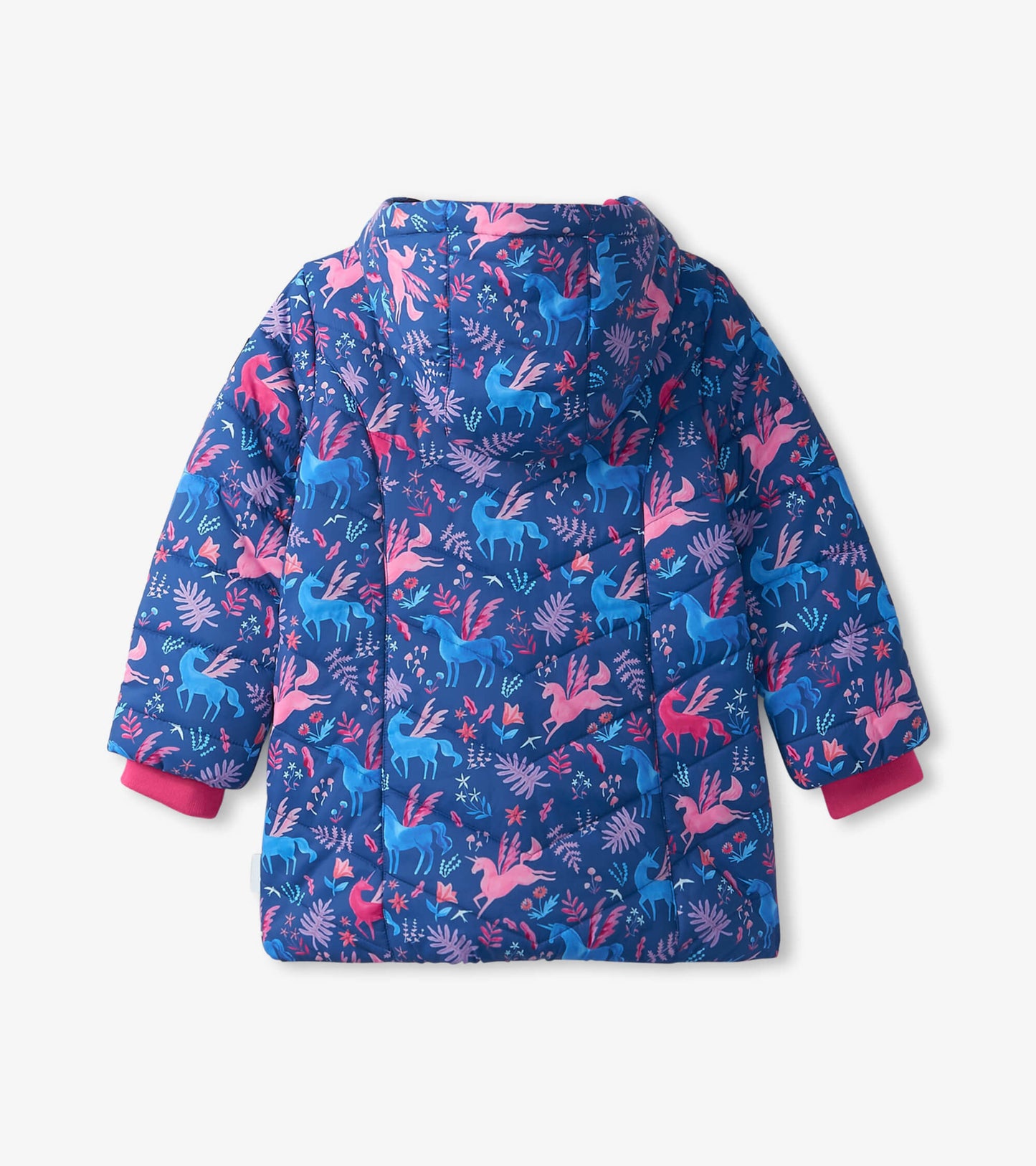 Navy puffer jacket featuring a colorful unicorn and floral pattern, with a hood and pink cuffs. Back view displayed.