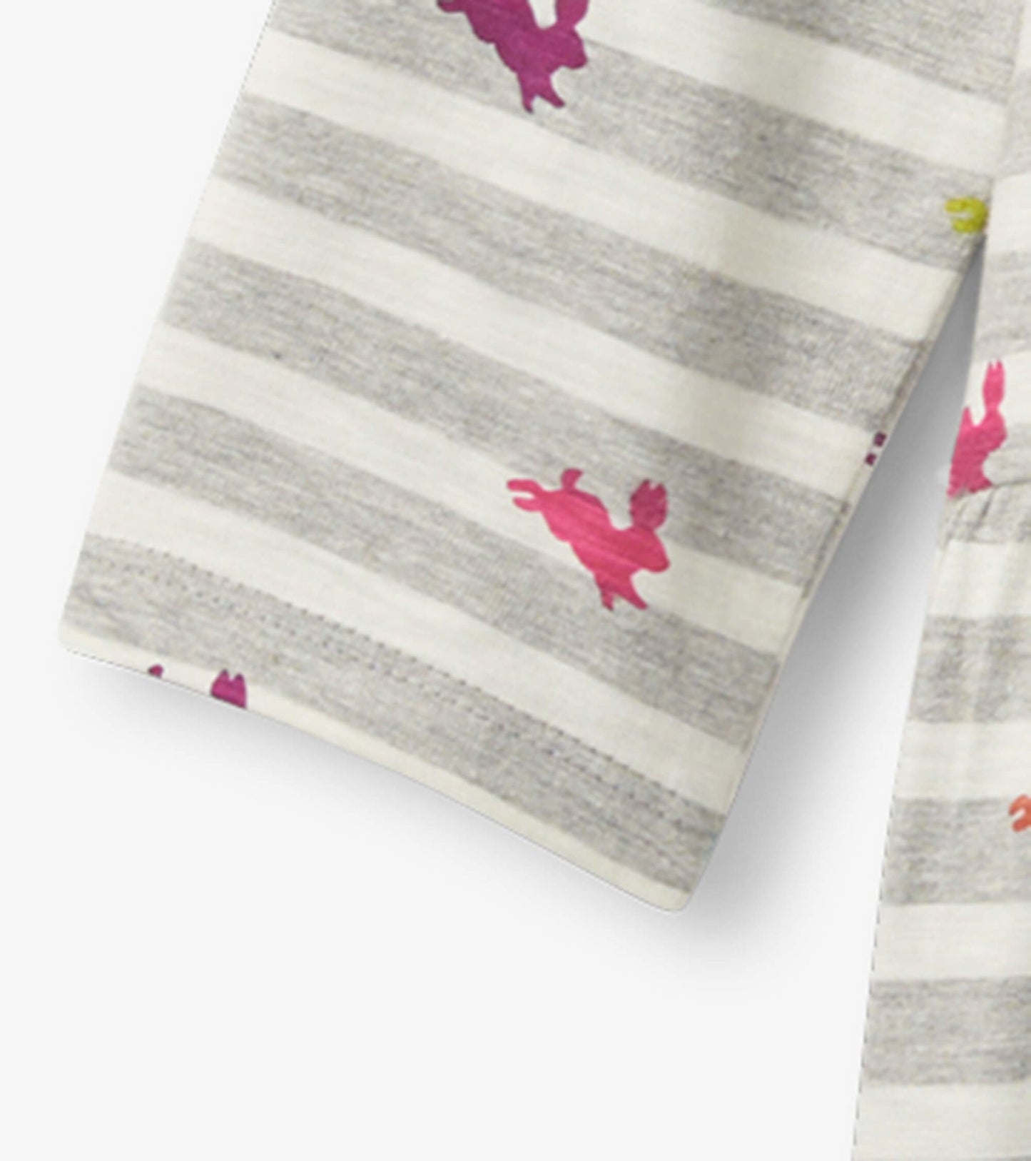 Gray and white striped tiered dress featuring colorful bunny prints in pink and orange.