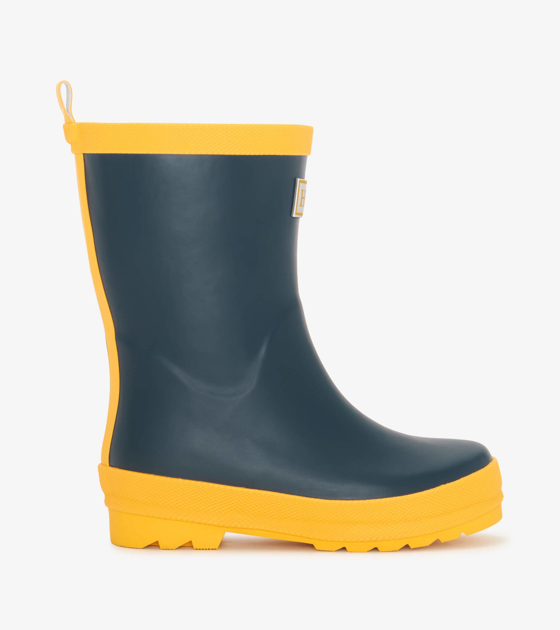 Navy blue and yellow matte rain boots with a textured sole, designed for kids, shown from the side.