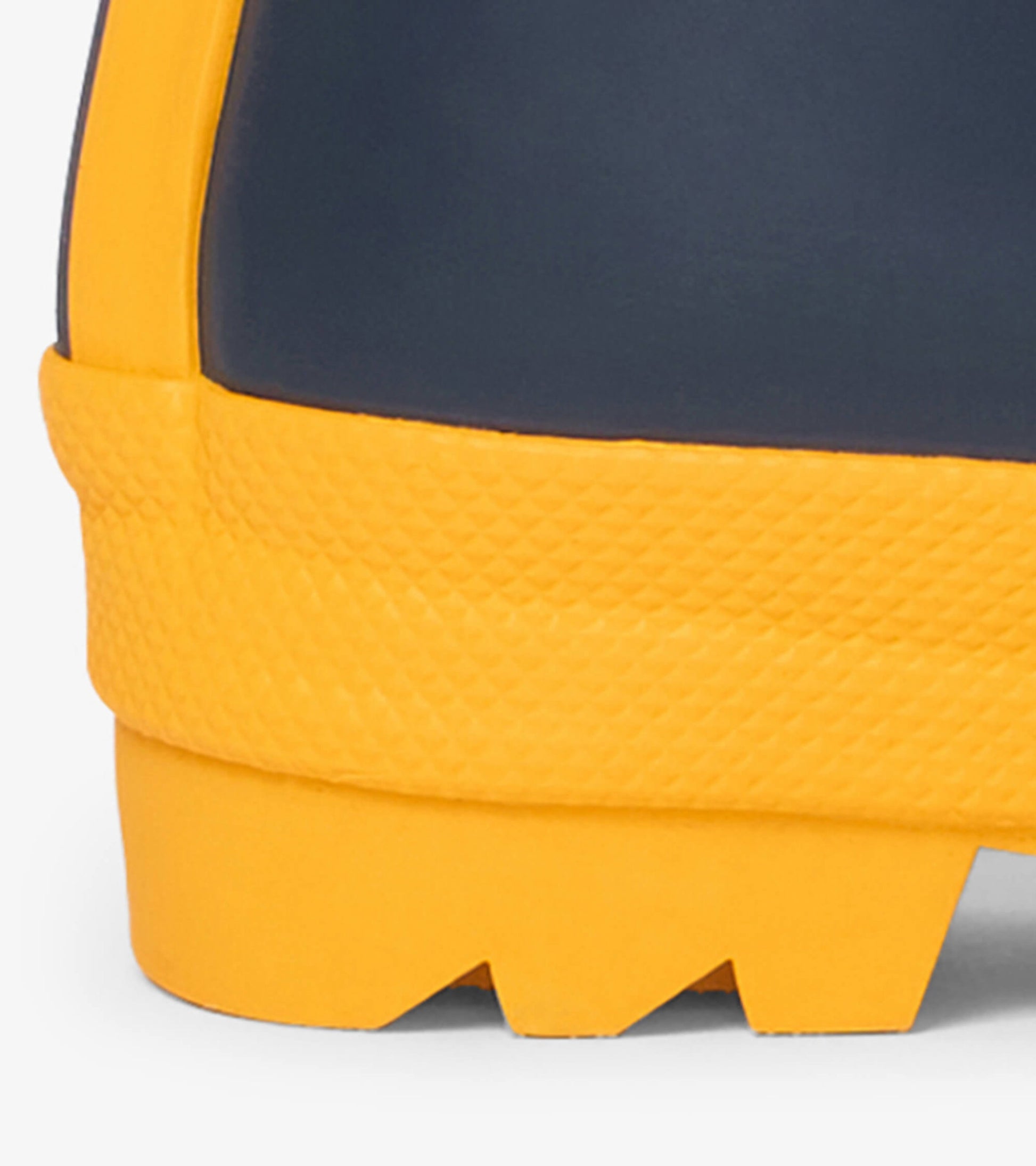 Navy and yellow matte rain boots with a textured sole, designed for kids.