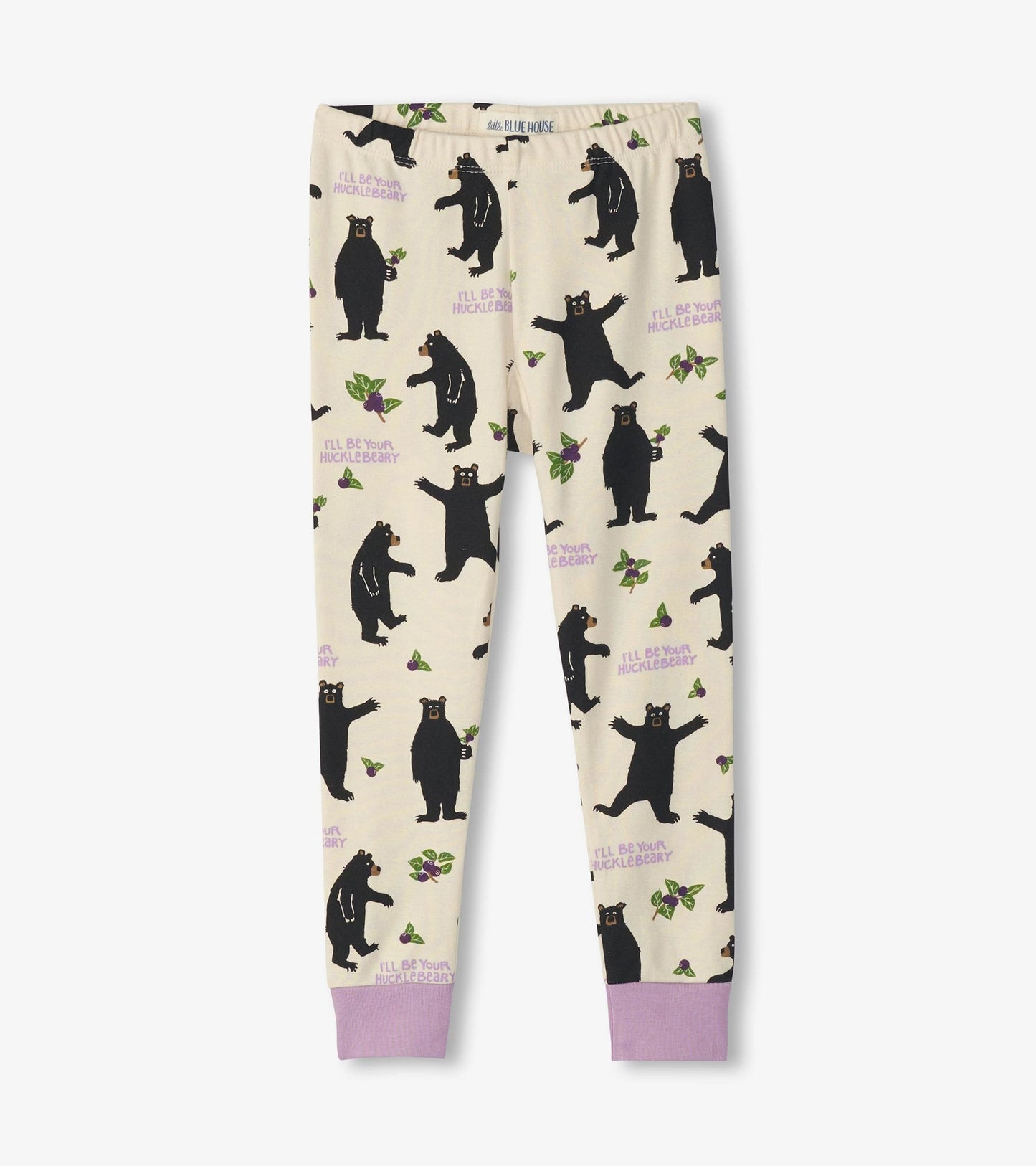 Cream pajama pants featuring playful black bear illustrations and huckleberry accents, with a purple cuff at the ankles.