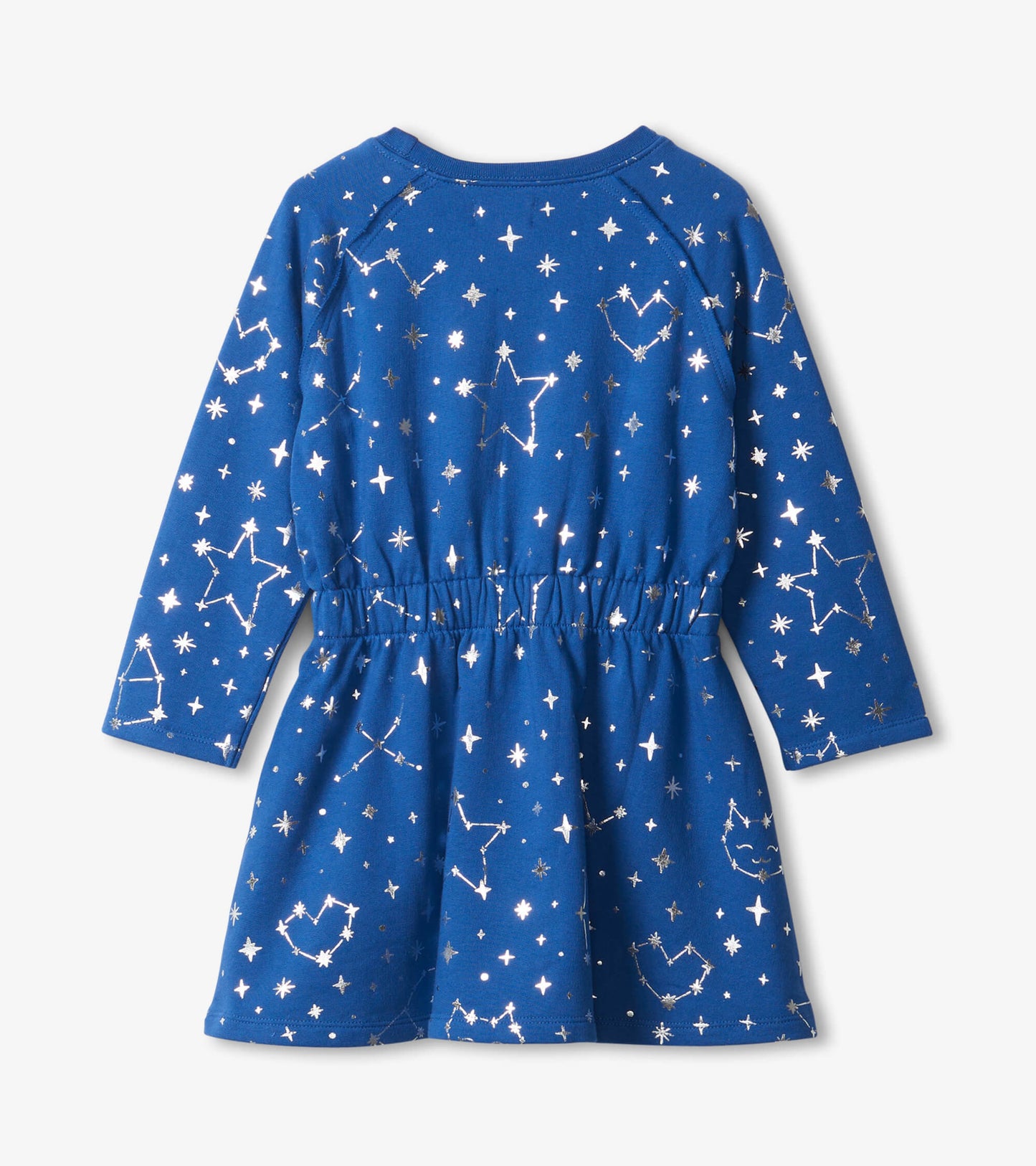 Blue terry dress featuring silver constellation patterns, long sleeves, and an elastic waist for a comfortable fit.