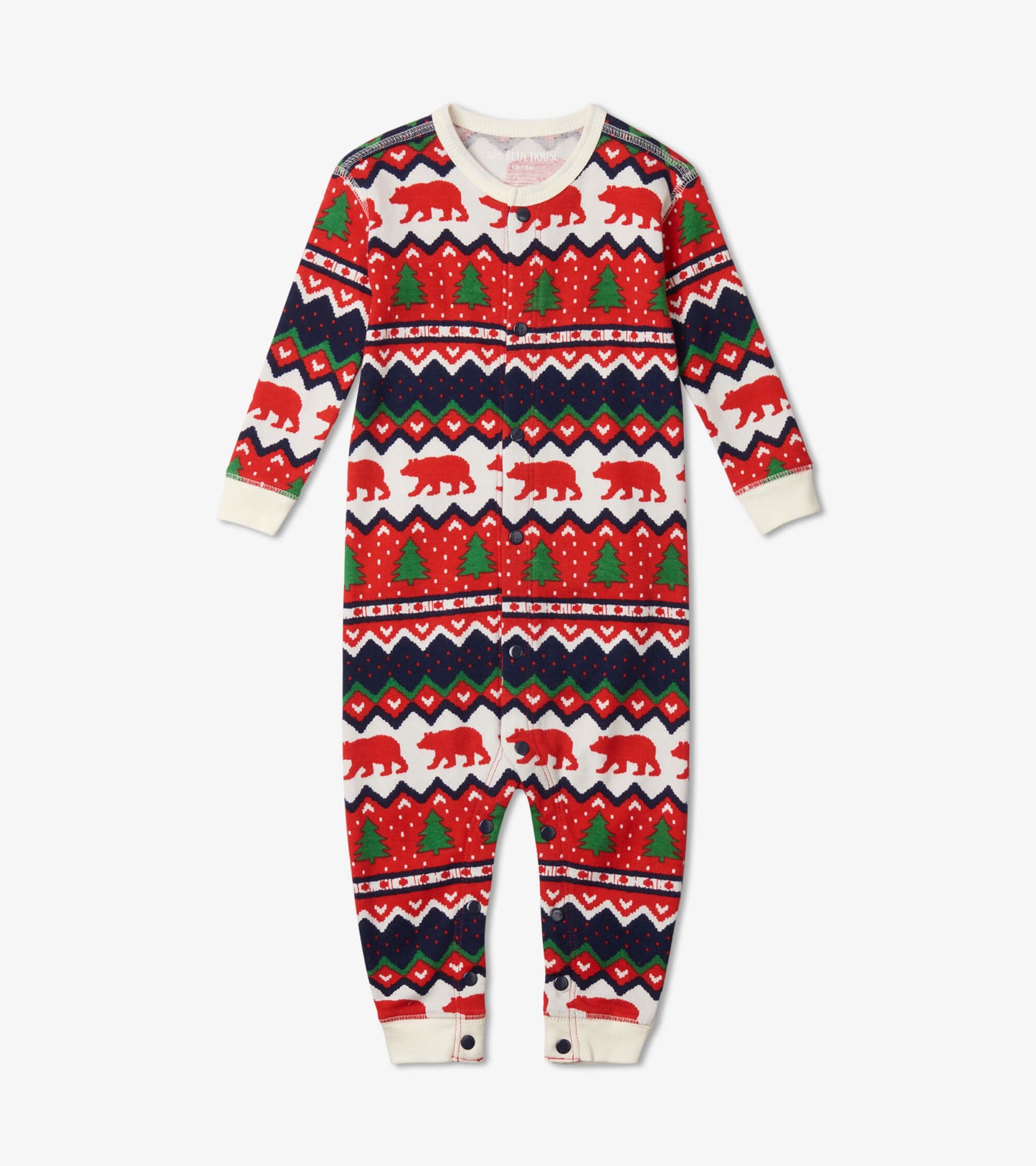 Red and white Fair Isle union suit featuring bears, trees, and geometric patterns, with long sleeves and snap closures.