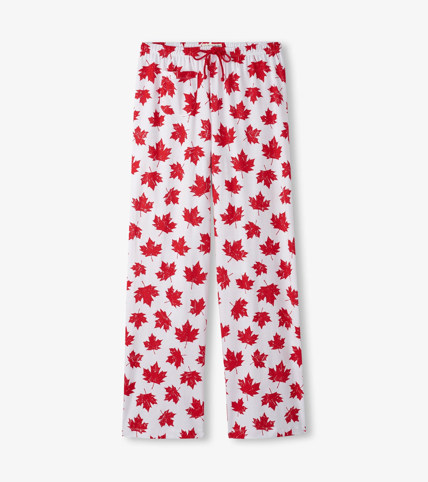 White cotton pajama pants featuring a red maple leaf pattern and an elastic waistband with a drawstring.