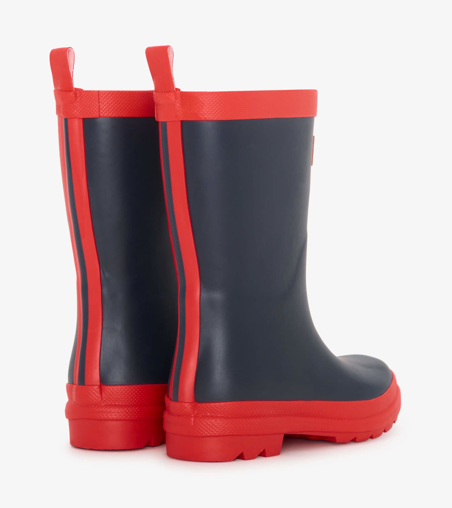 Navy and red matte rain boots with a textured sole and pull tabs for easy wear. Ideal for wet weather.
