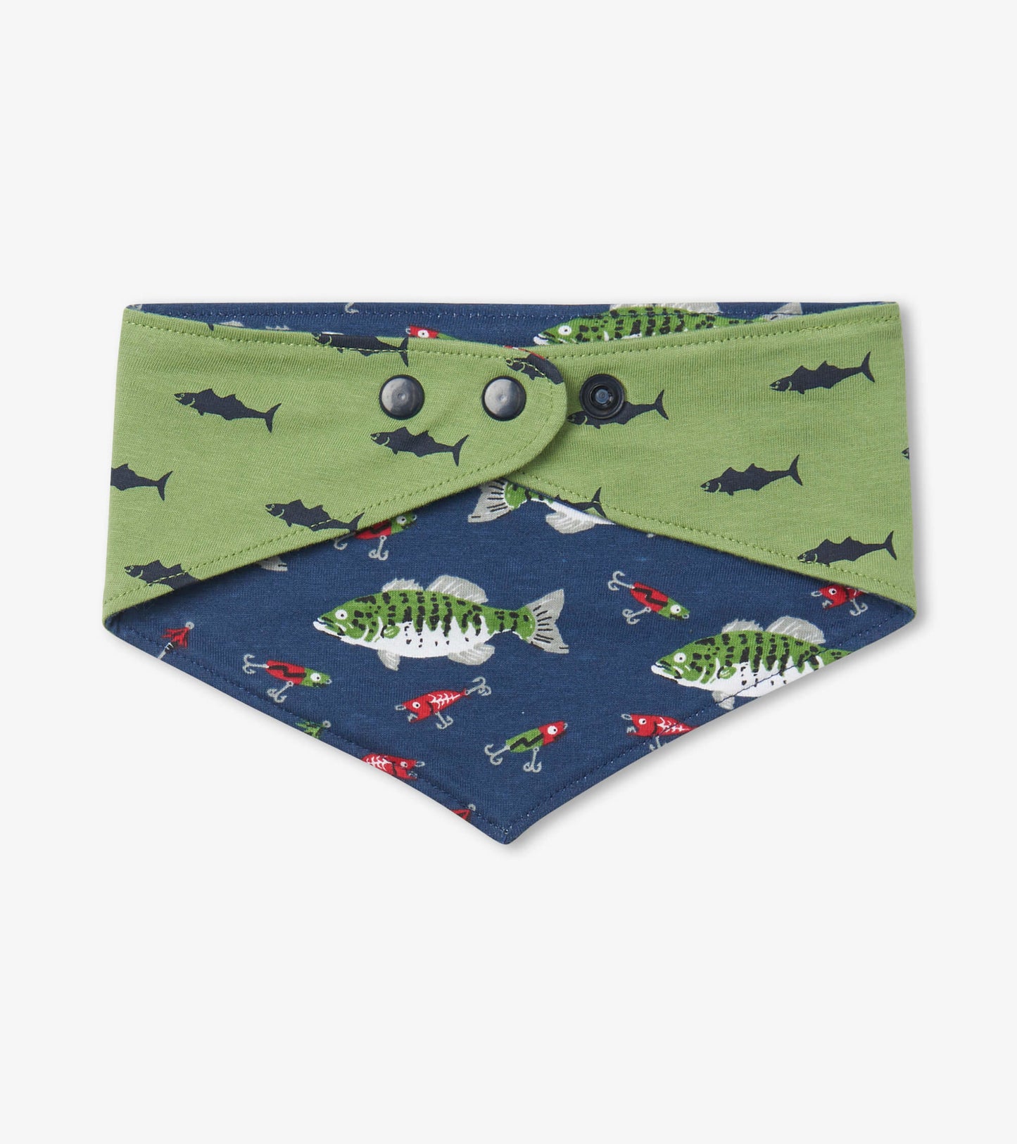 Reversible dog bandana featuring a green and blue fish pattern, with snap closure for adjustable fit.