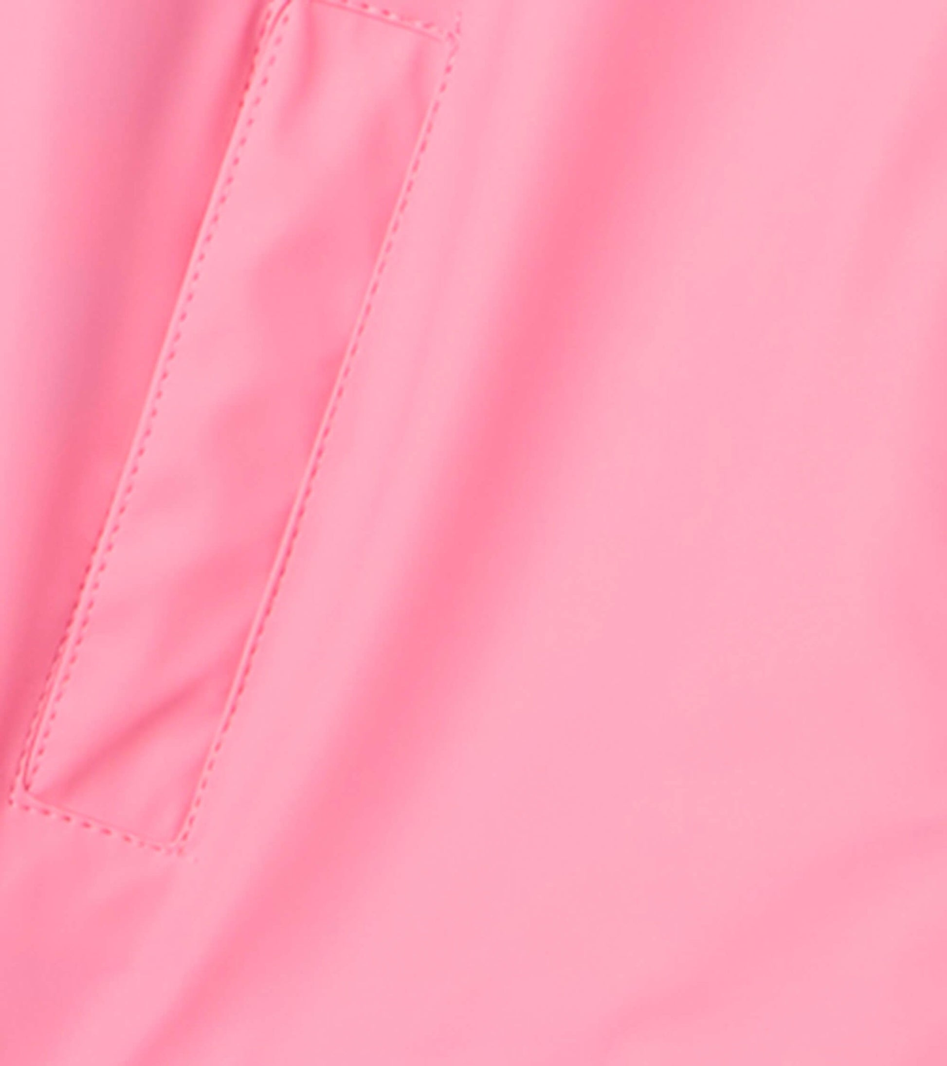 Classic pink zip-up rain jacket with a smooth finish and a pocket detail. Ideal for rainy weather.