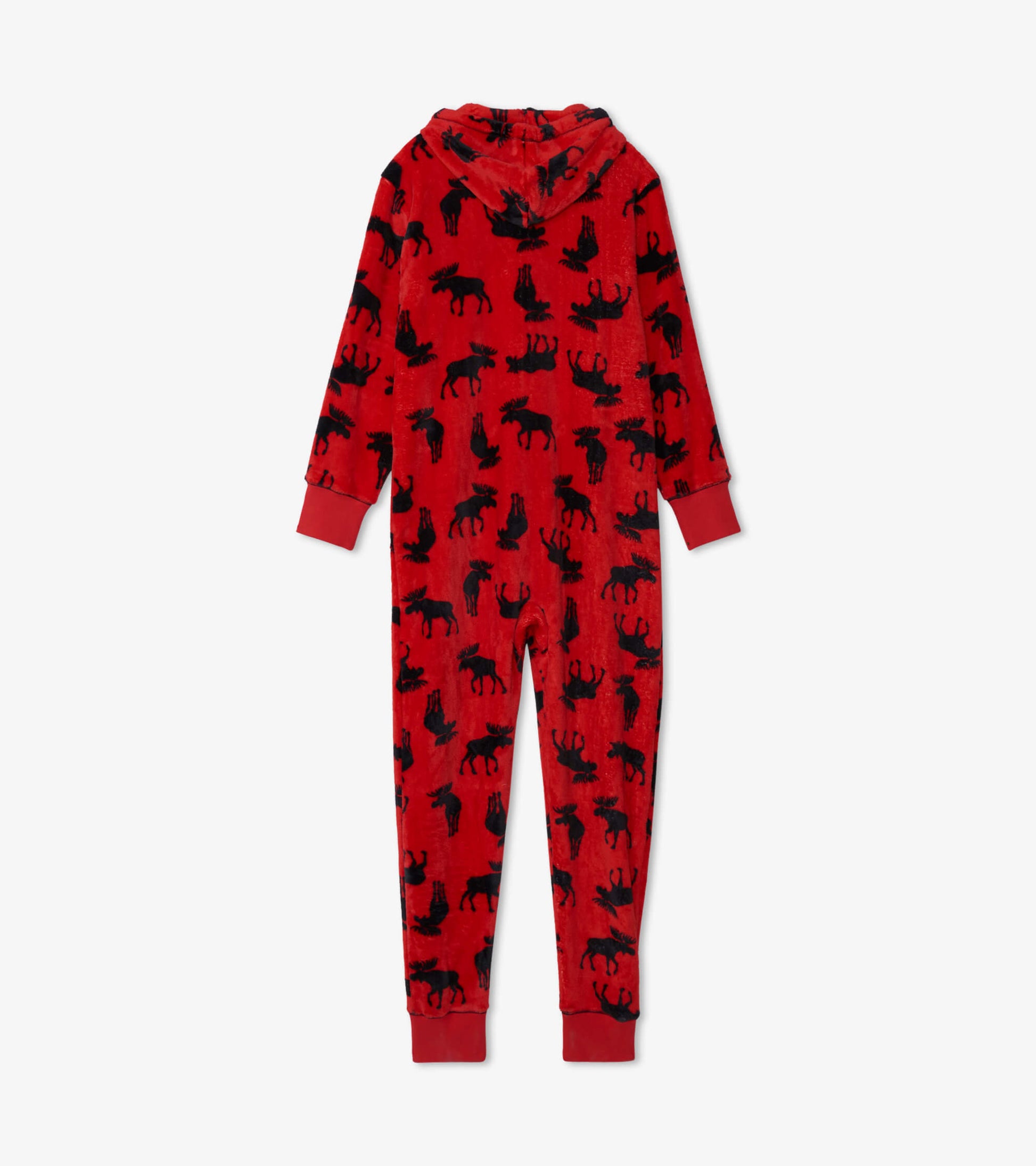 Red hooded fleece jumpsuit featuring a moose pattern, with long sleeves and cuffs.