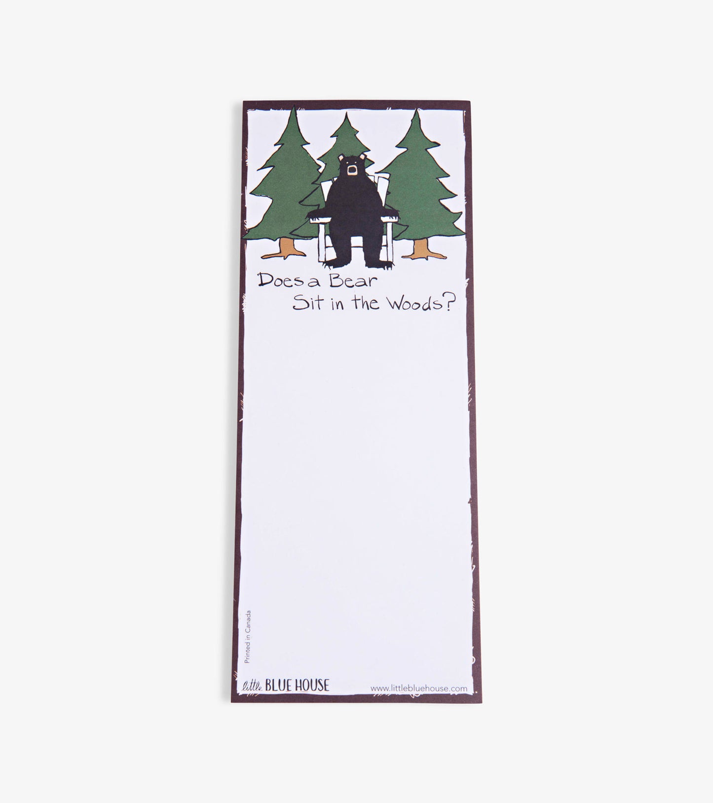 Magnetic notepad featuring a bear and pine trees with the text "Does a Bear Sit in the Woods?" on a white background.