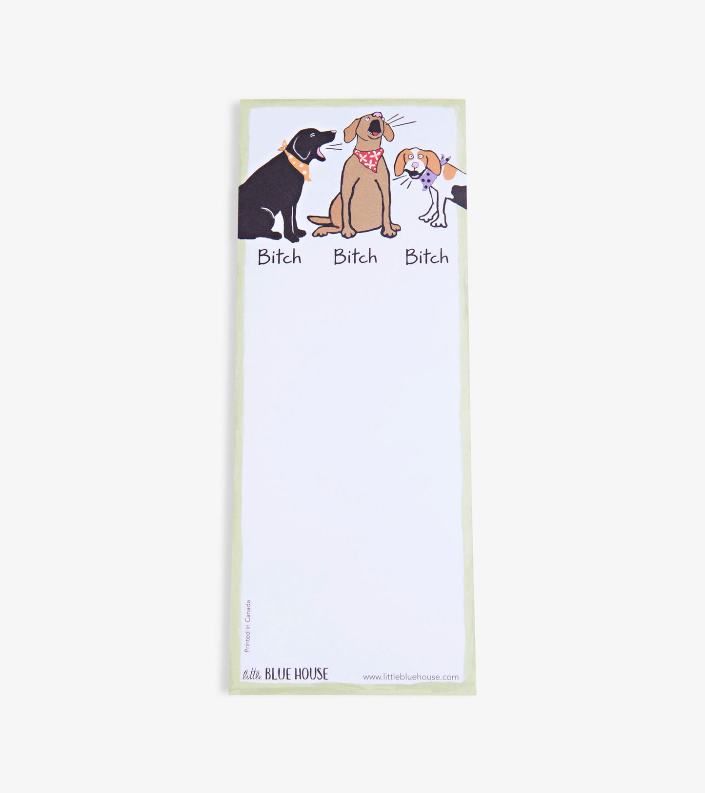 Magnetic notepad featuring three illustrated dogs with the word "Bitch" above each, on a light green border.