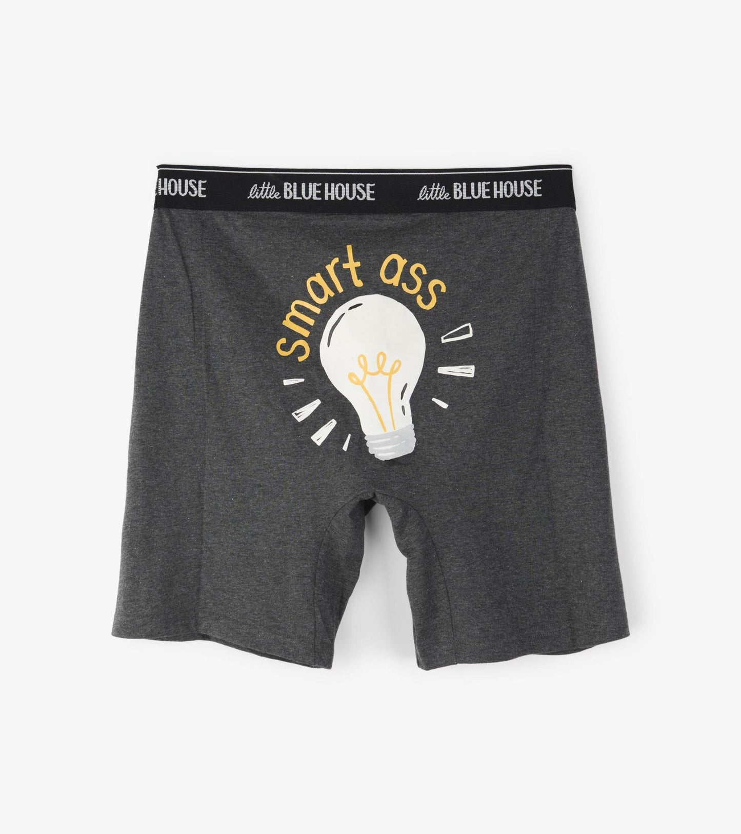 Gray boxer briefs featuring a light bulb graphic with the text "smart ass" in yellow.