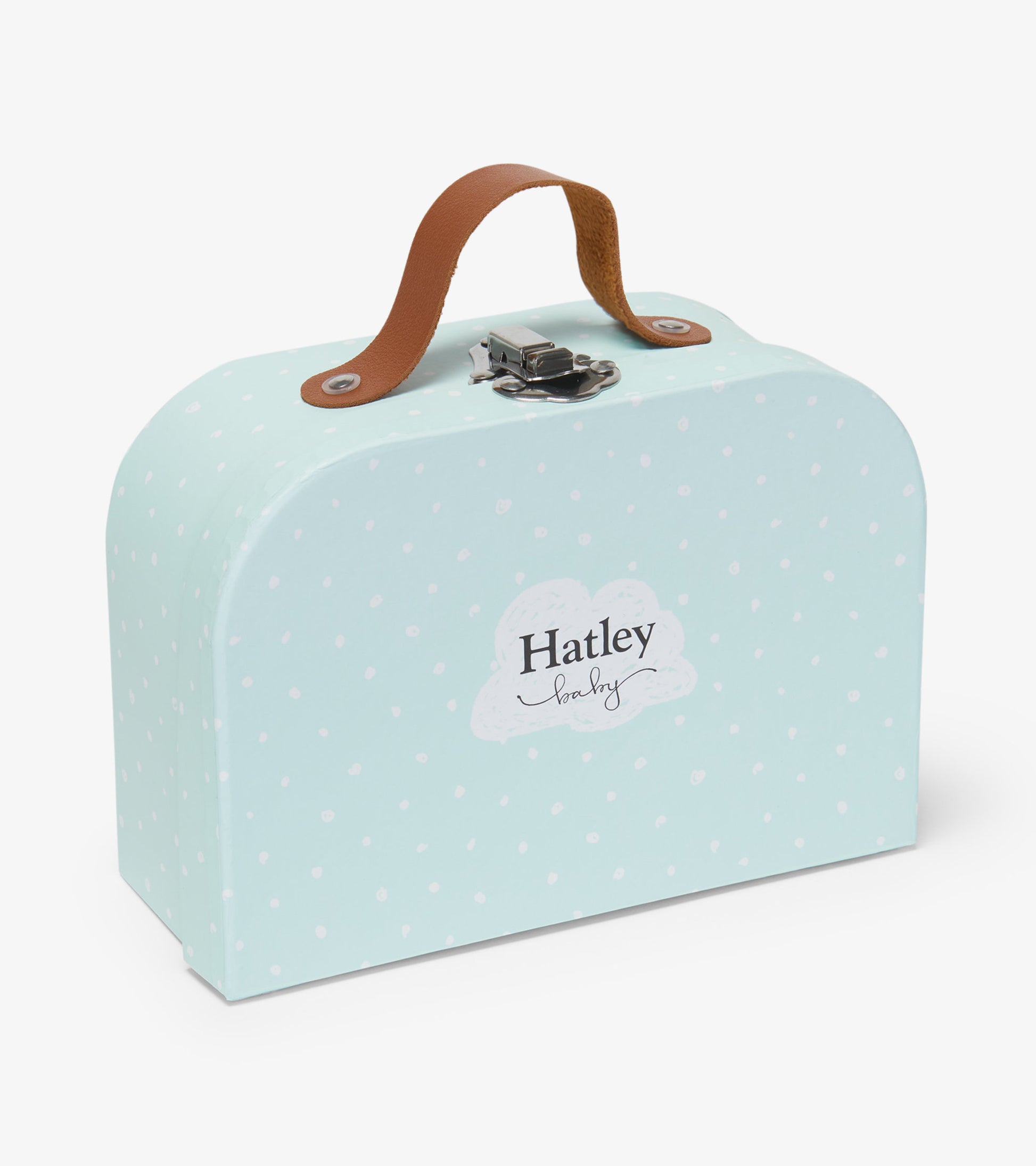 Light blue keepsake box with white polka dots and a brown leather handle, ideal for storing newborn memories.