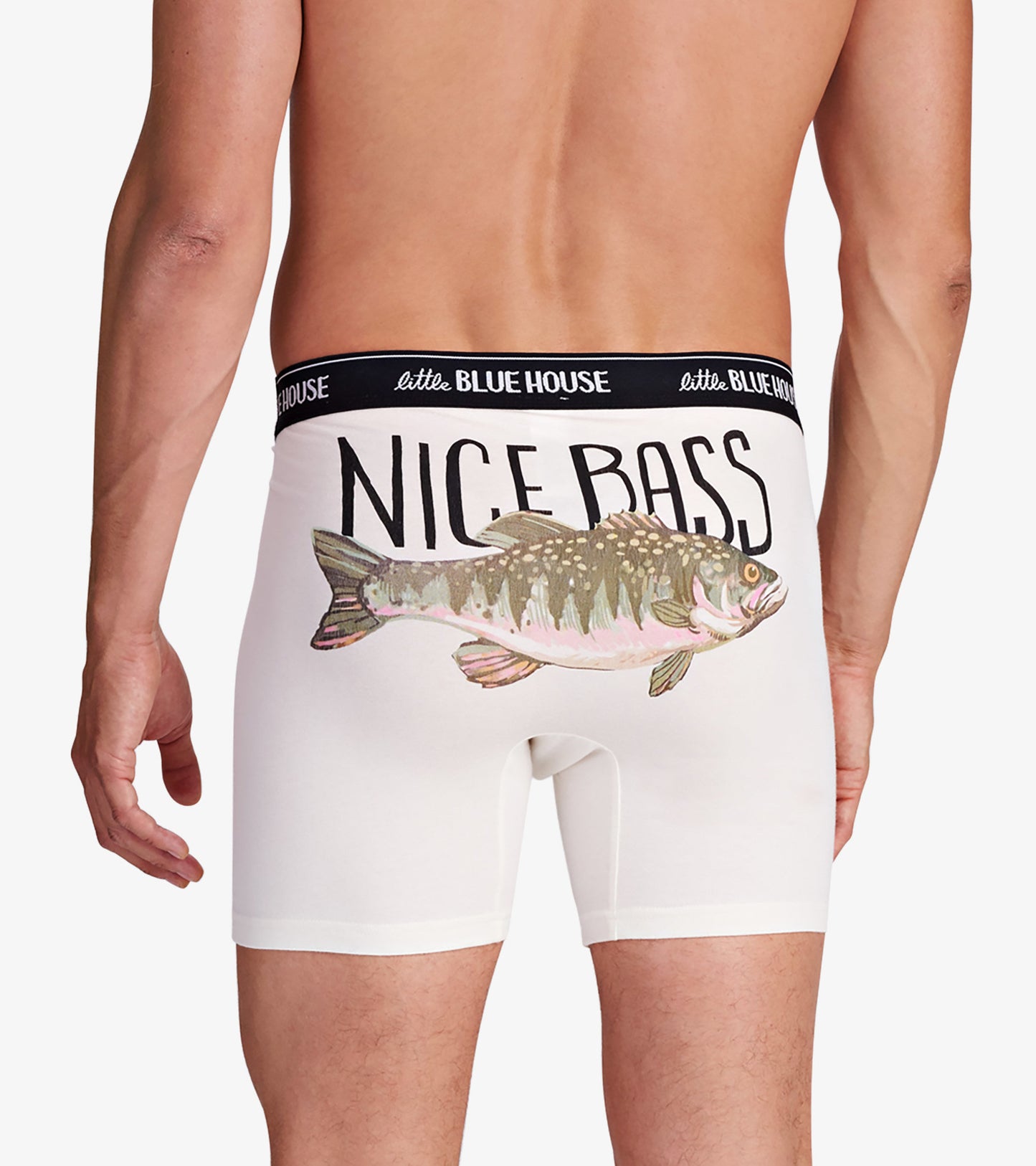Men's white boxer briefs featuring a colorful bass graphic on the back and a black waistband.