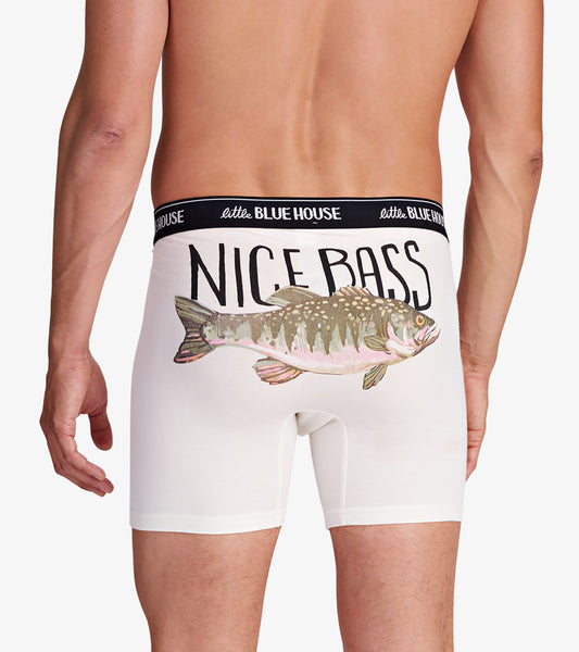 Men's white boxer briefs featuring a colorful bass graphic on the back and a black waistband.