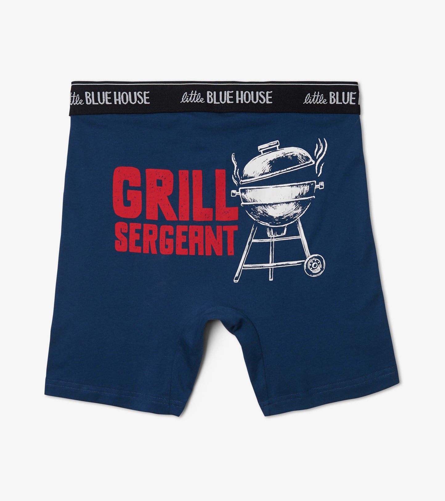 Navy blue boxer briefs featuring a grill graphic and "GRILL SERGEANT" text in red. Elastic waistband visible.