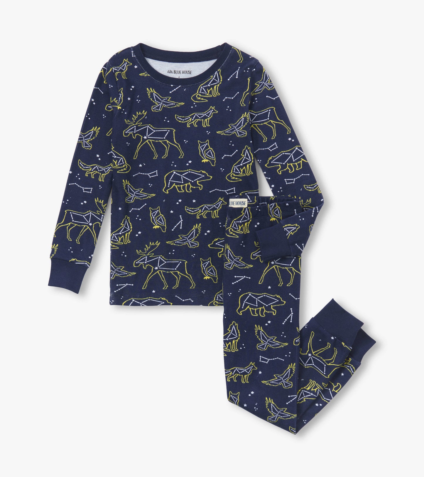 Navy pajama set featuring animal constellations in yellow, with long sleeves and pants, perfect for kids.