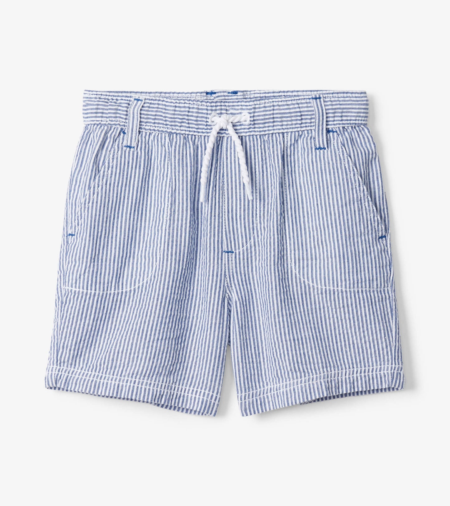 Blue and white striped woven shorts with an elastic waistband and drawstring, featuring front pockets.