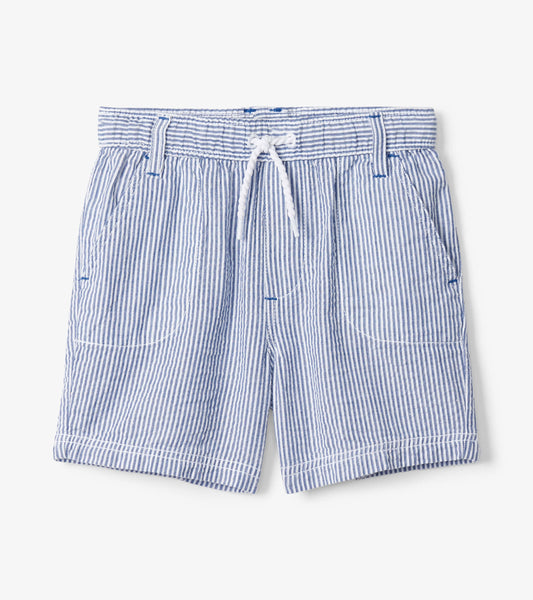 Blue and white striped woven shorts with an elastic waistband and drawstring, featuring front pockets.