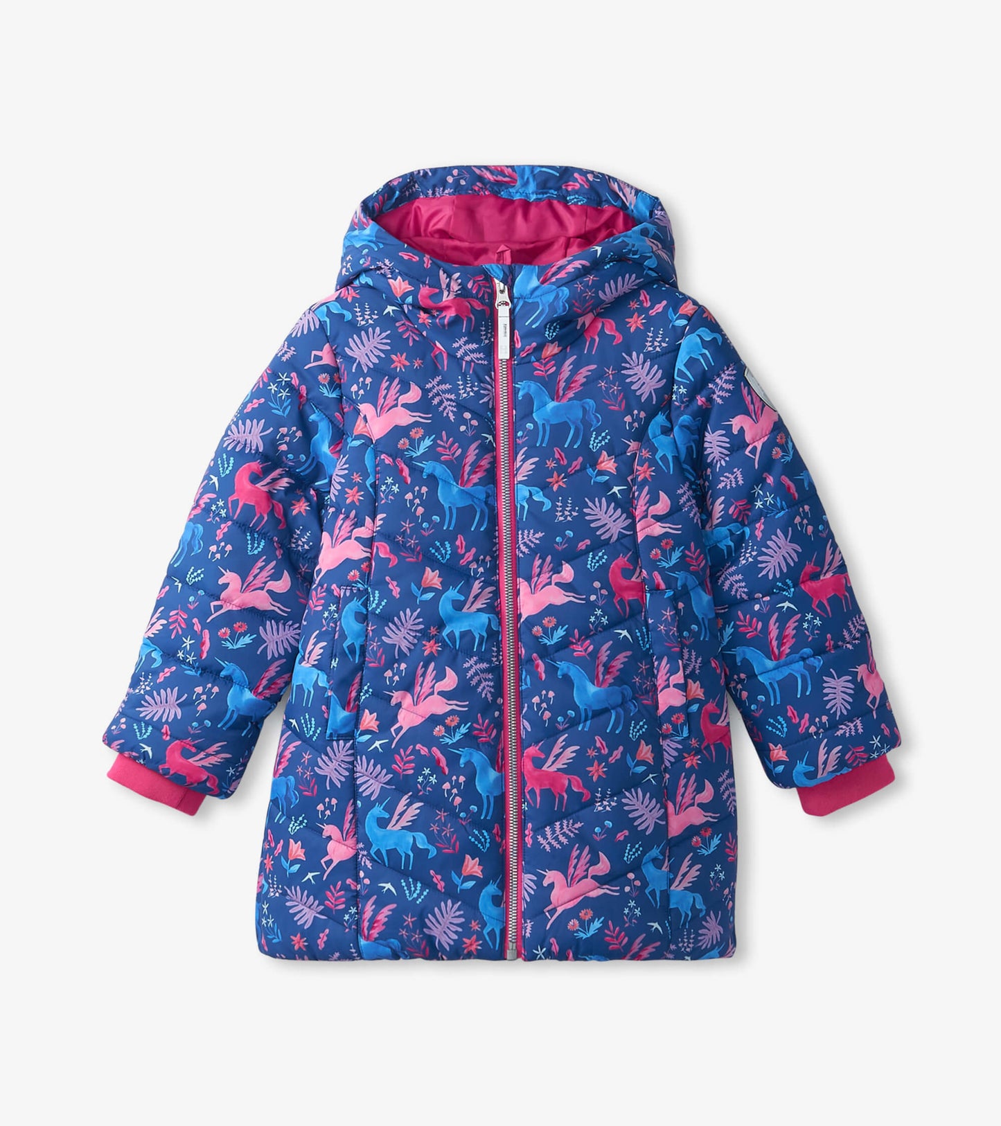 Blue puffer jacket with a colorful unicorn and floral pattern, featuring a hood and pink cuffs.
