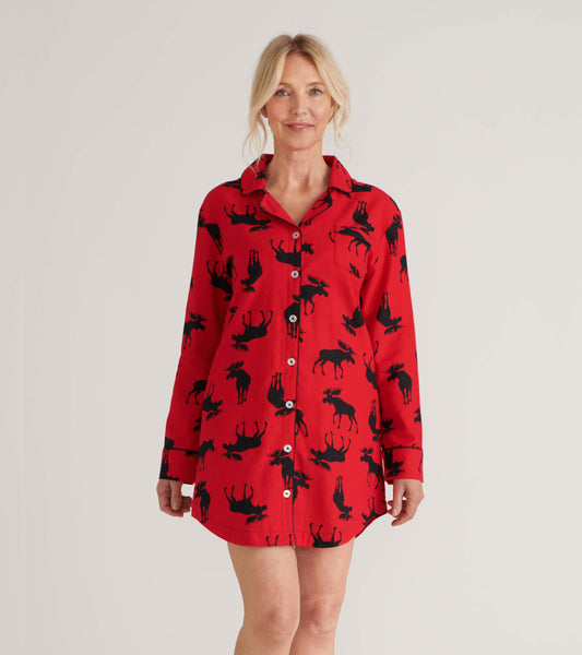 Red flannel nightgown featuring a moose pattern, button-up front, and collar, designed for comfort and warmth.