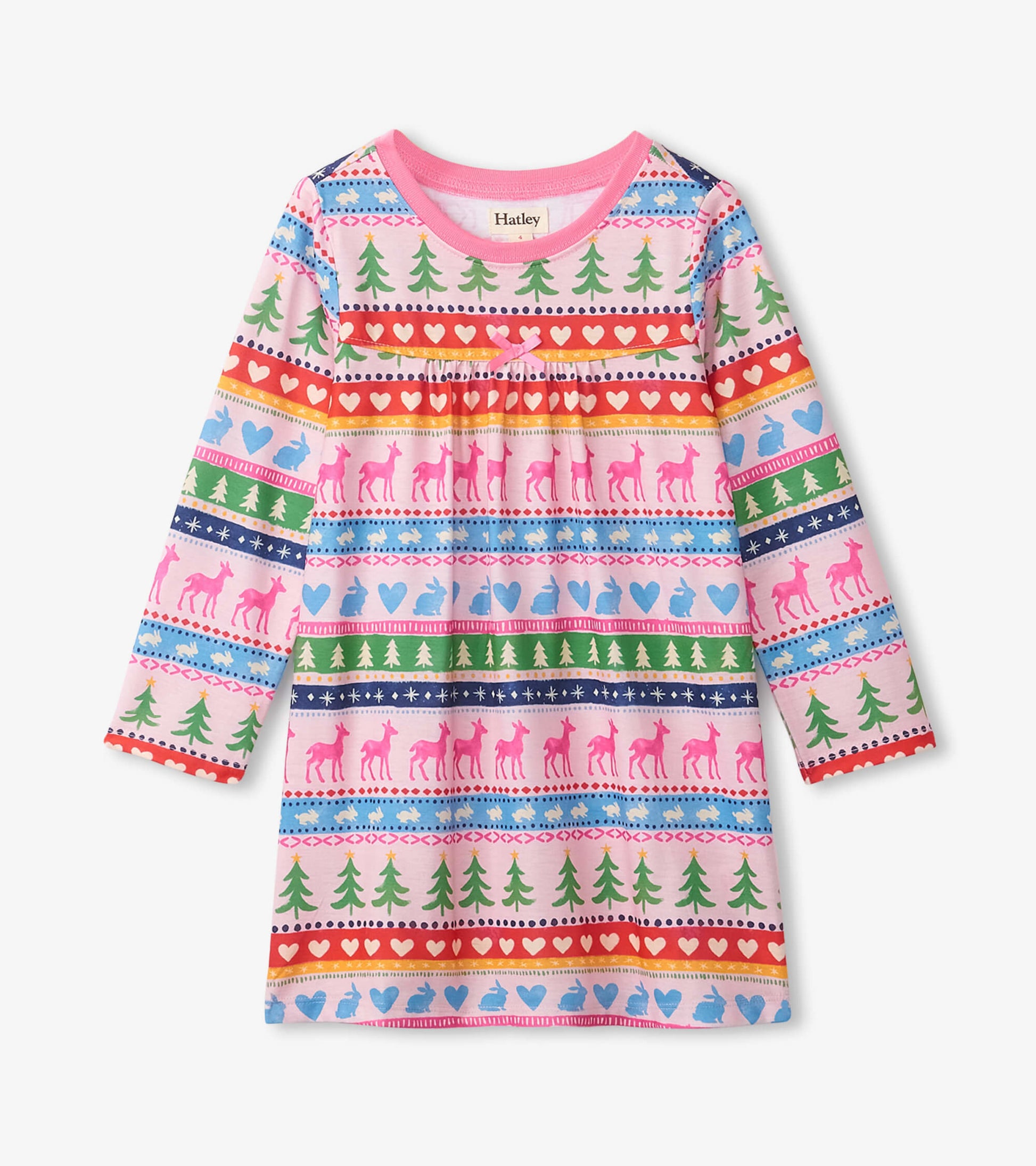 Pink long sleeve nightgown featuring a colorful Fairisle pattern with hearts, trees, and animals.