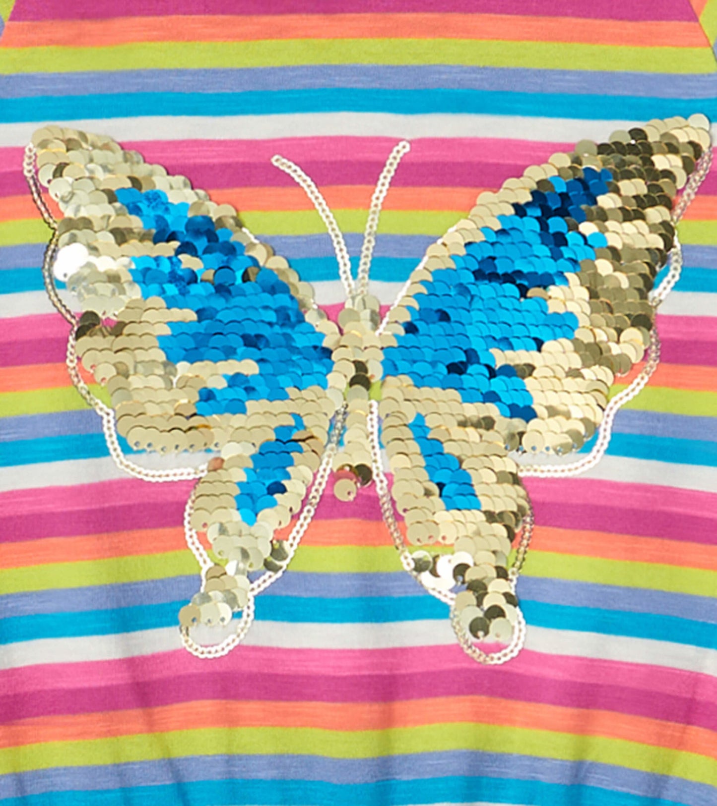 Colorful striped dress featuring a large sequined butterfly design on the front.