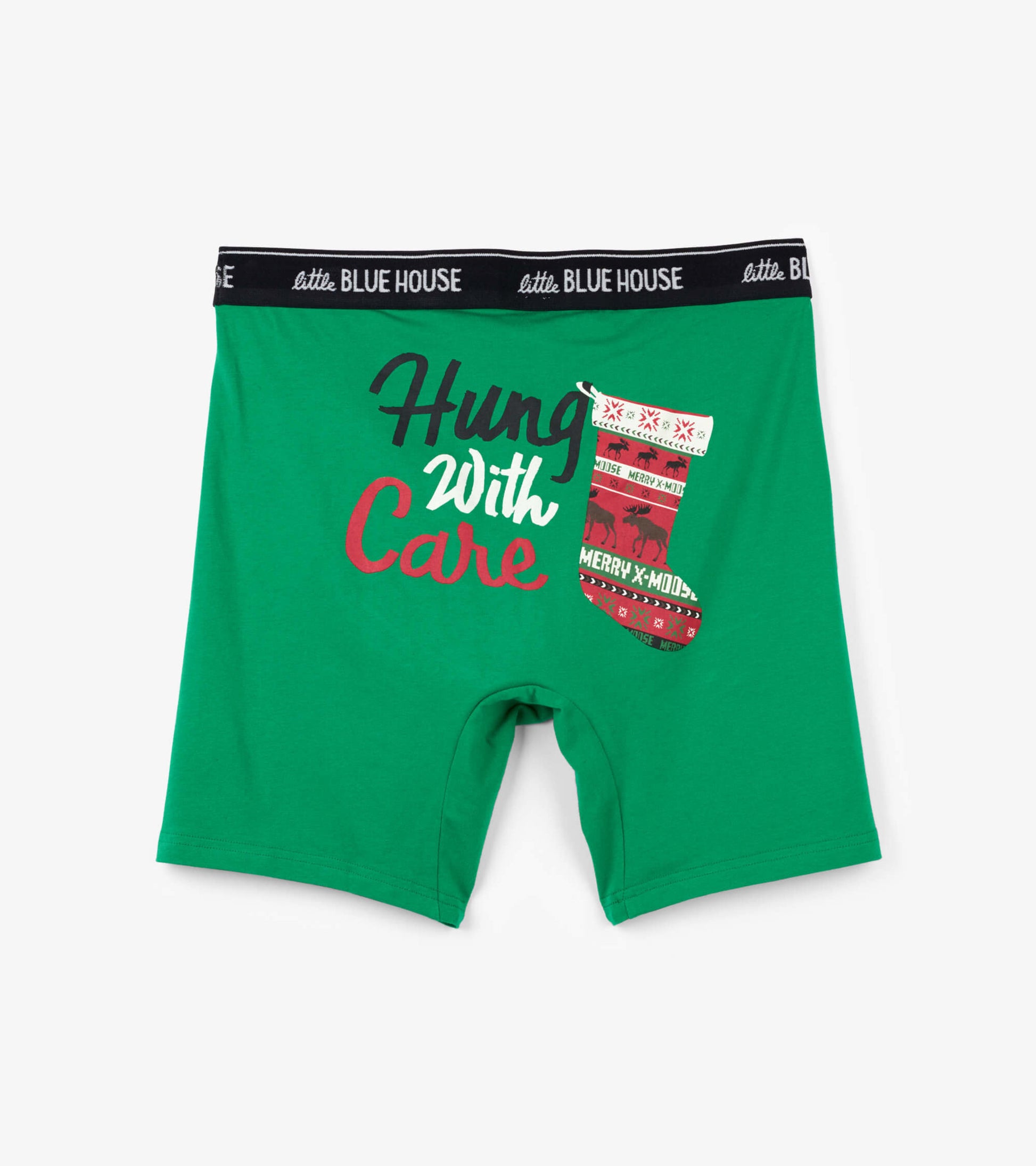 Green boxers featuring a festive print with the phrase "Hung With Care" and a Christmas stocking design.