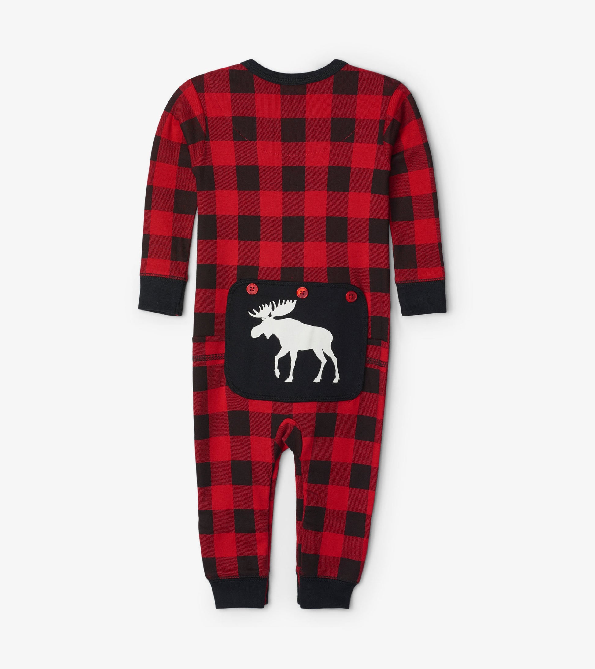 Red and black plaid baby union suit with a moose graphic on the back pocket and black cuffs.
