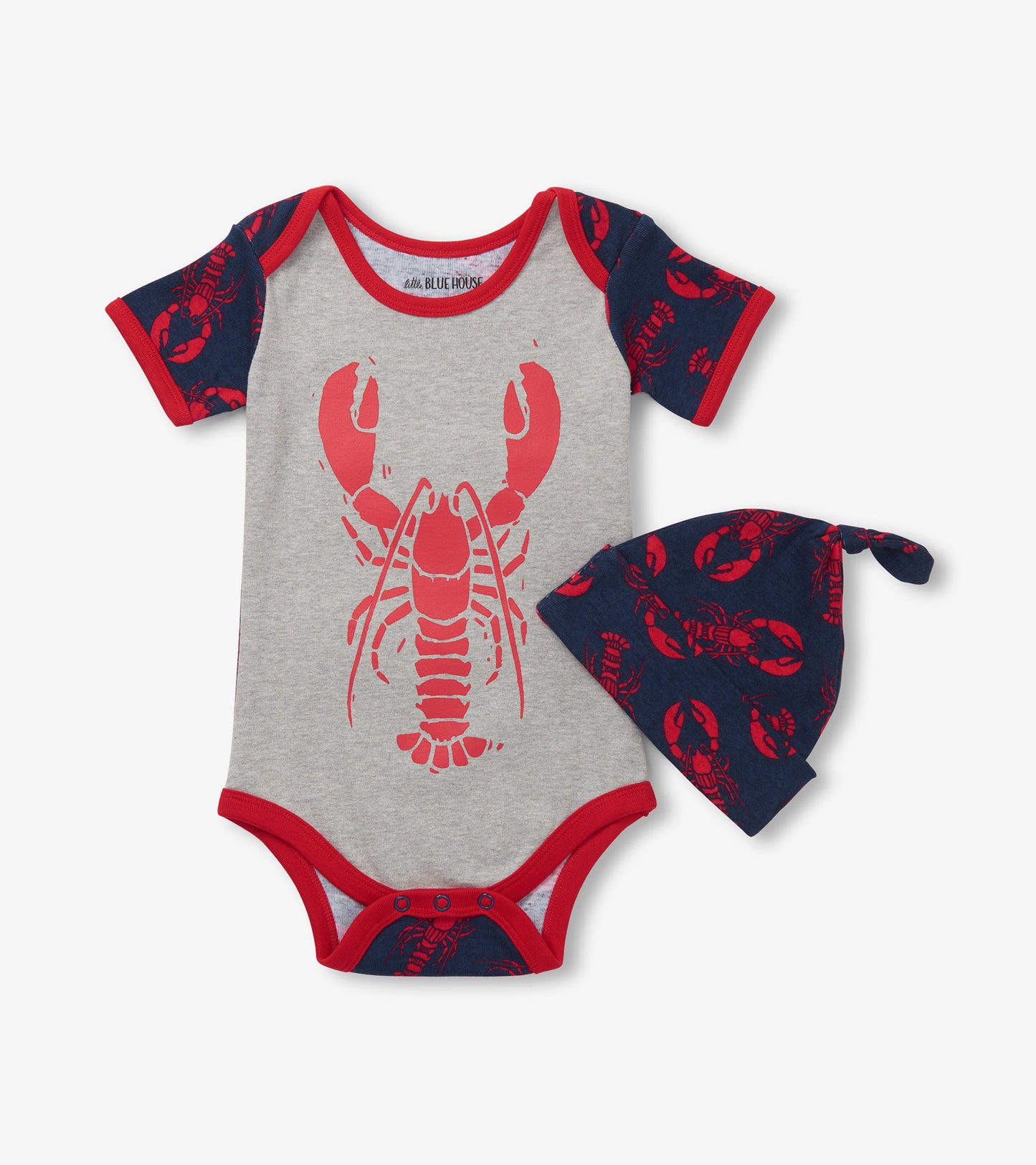Gray baby bodysuit with red lobster print and red trim, paired with a navy hat featuring a lobster pattern.