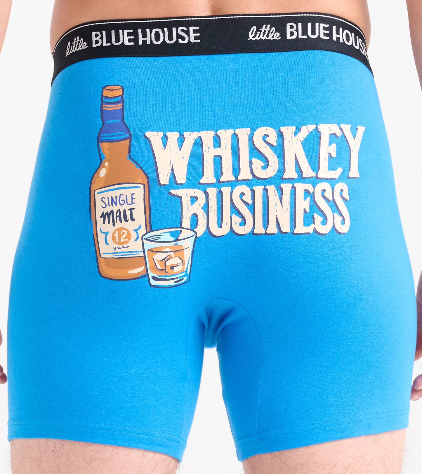 Blue boxer briefs featuring a whiskey bottle and glass graphic with the text "WHISKEY BUSINESS" on the back.
