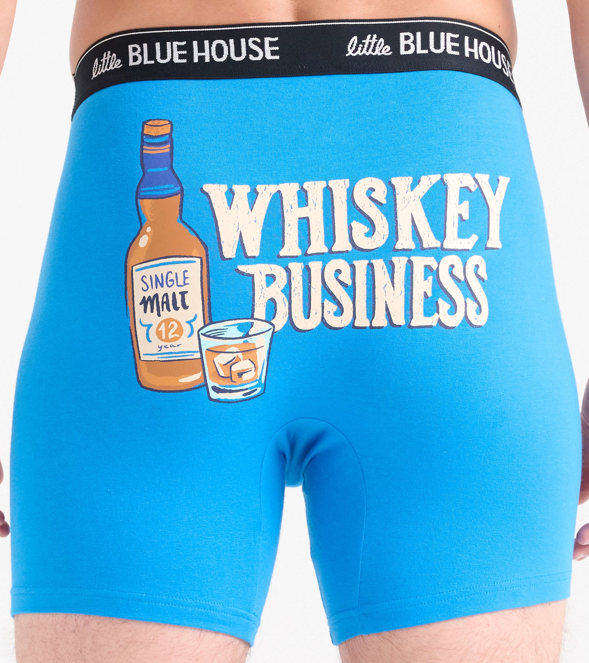 Blue boxer briefs featuring a whiskey bottle and glass graphic with the text "WHISKEY BUSINESS" on the back.
