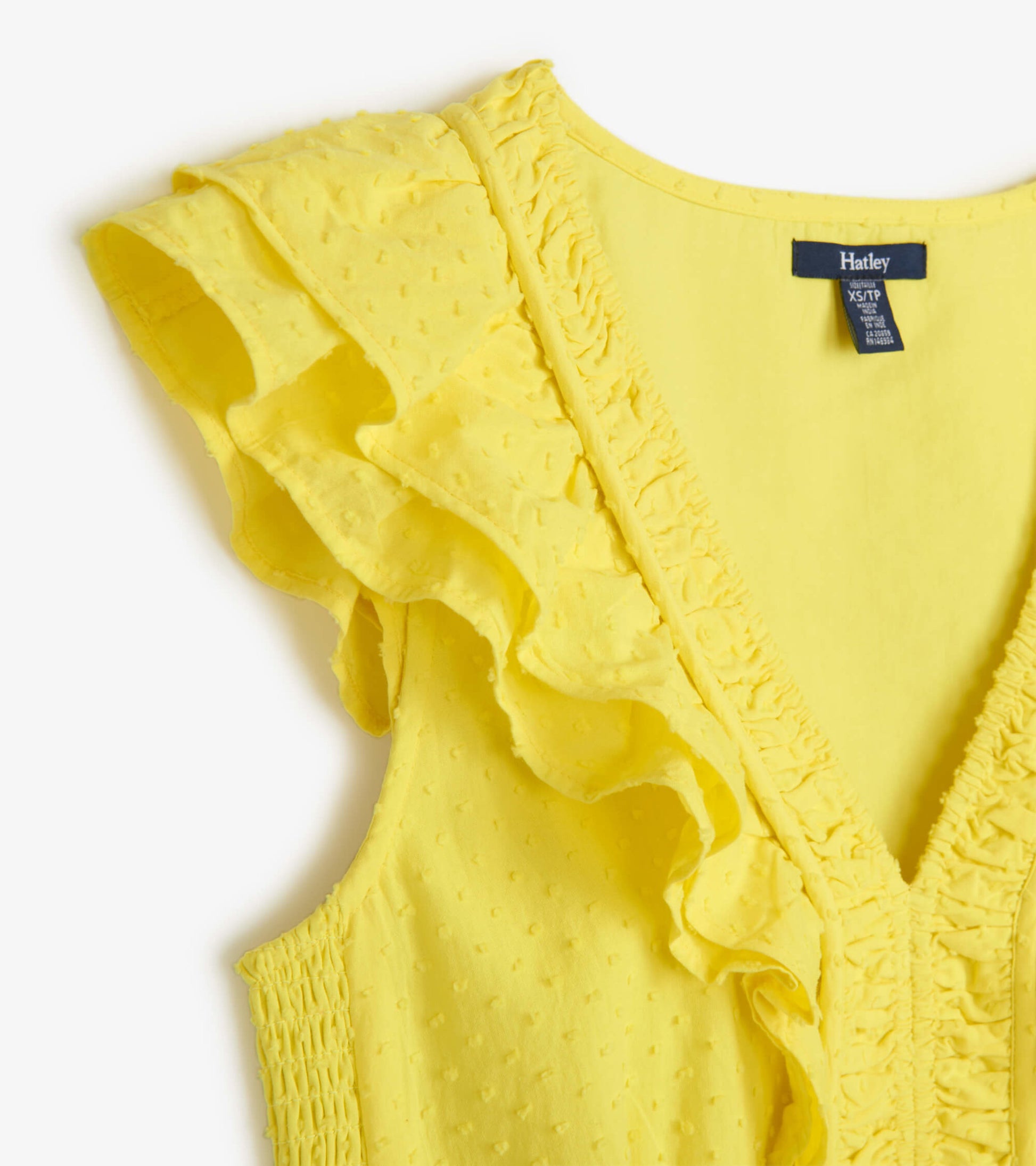Yellow Swiss dot midi dress featuring ruffled sleeves and a deep V-neckline.