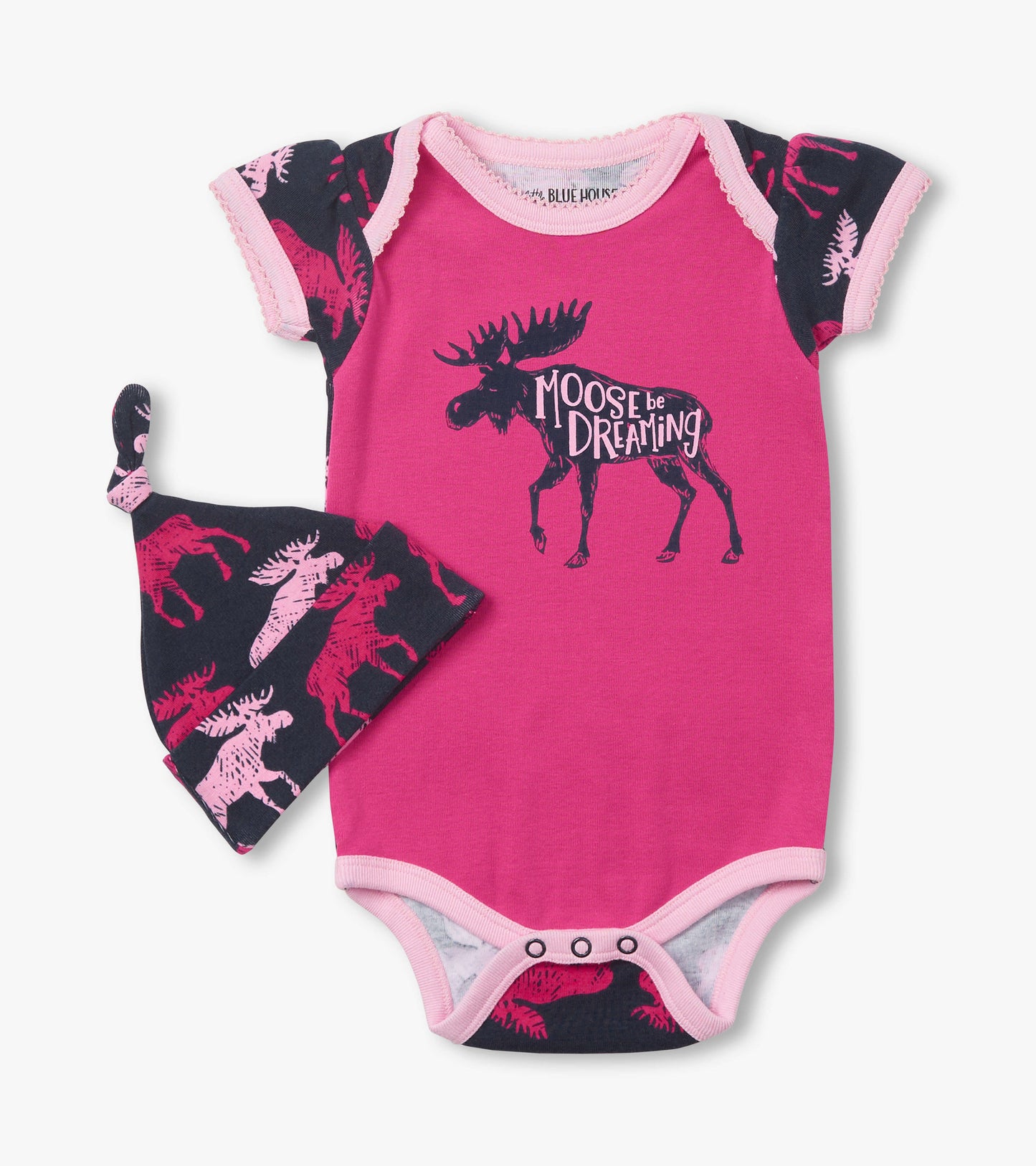 Pink baby bodysuit with moose graphic and navy patterned hat, featuring short sleeves and snap closure at the bottom.