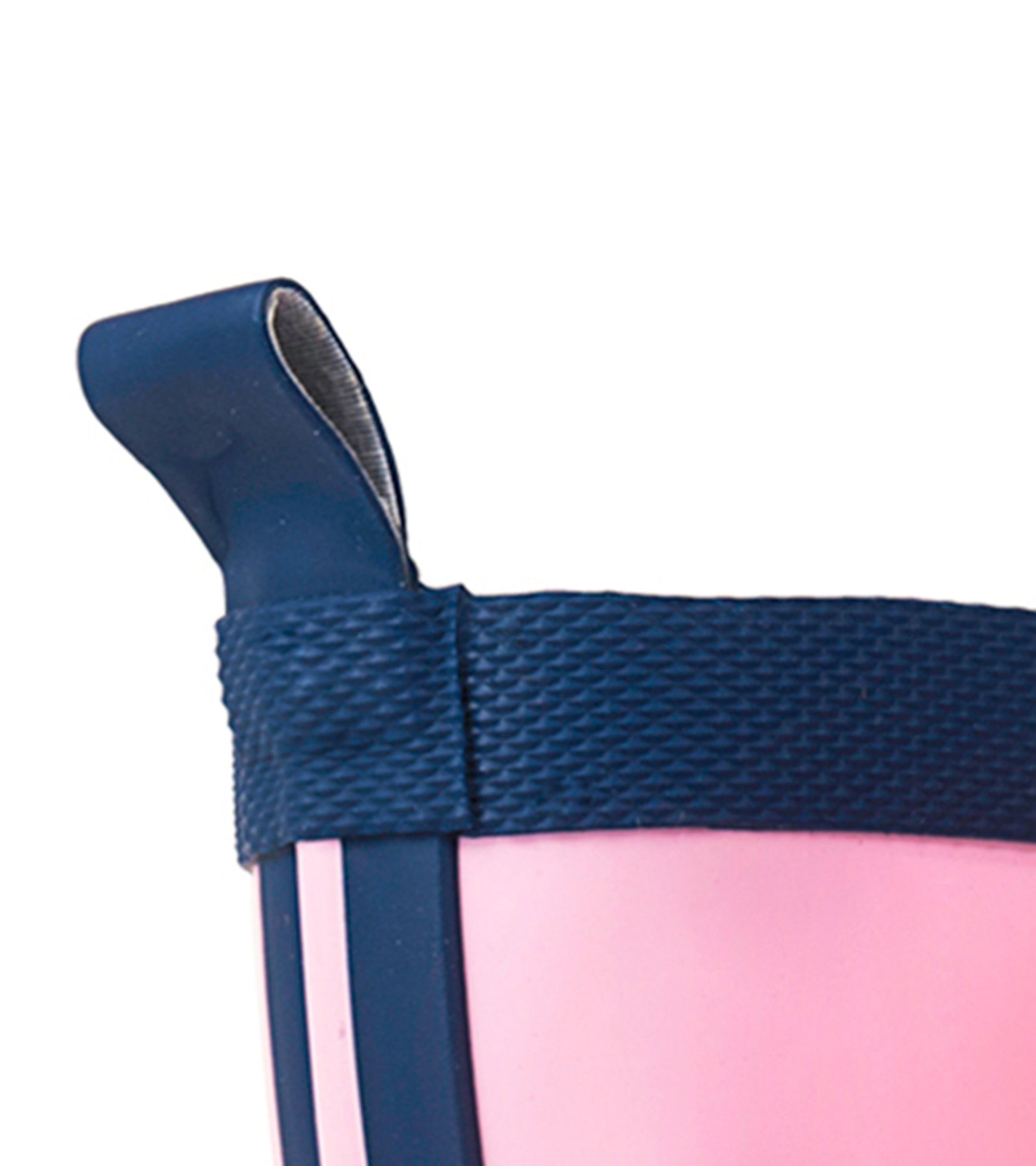 Pink and navy matte rain boots with a textured navy band and pull tab for easy wear. Ideal for wet weather.