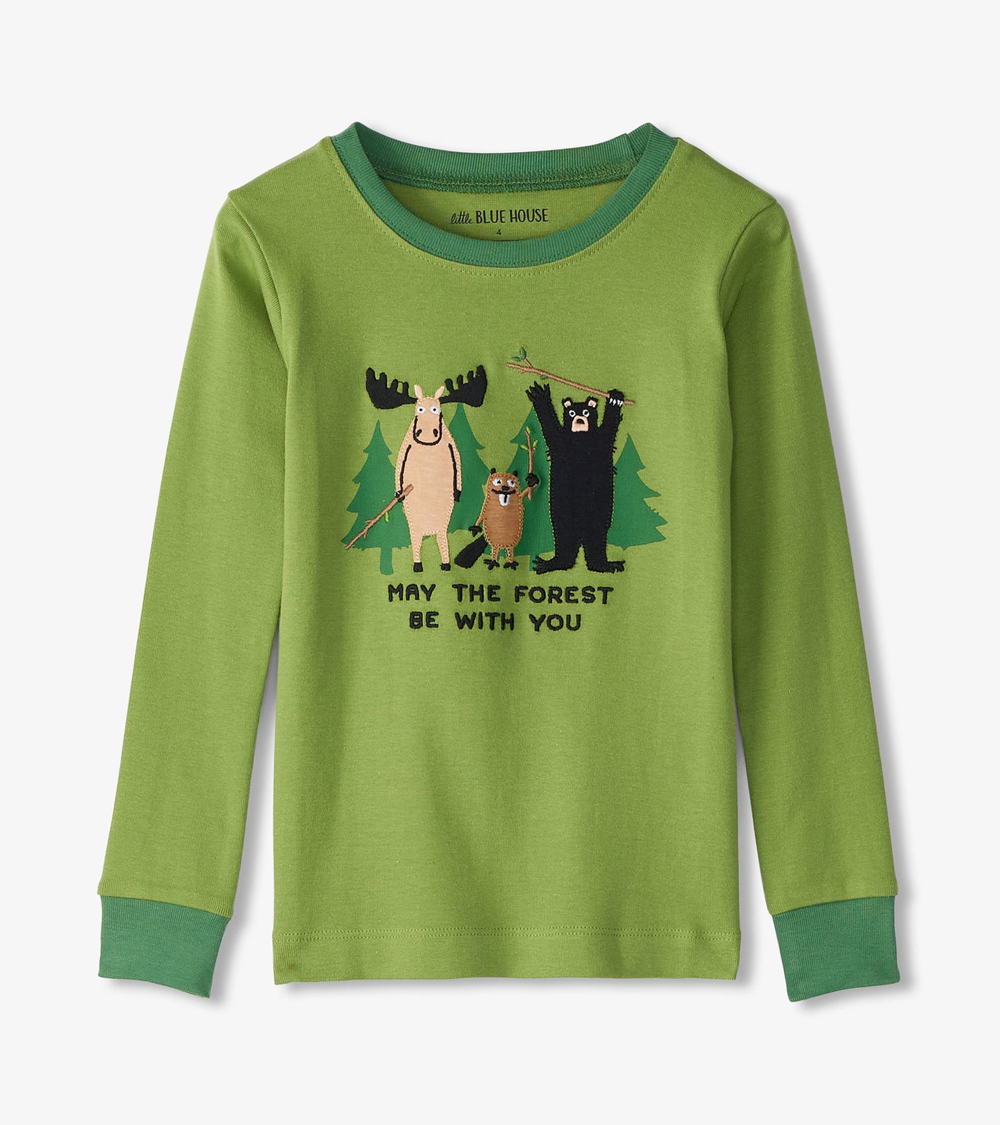 Green long-sleeve pajama top featuring playful forest animal graphics and text, perfect for kids' sleepwear.
