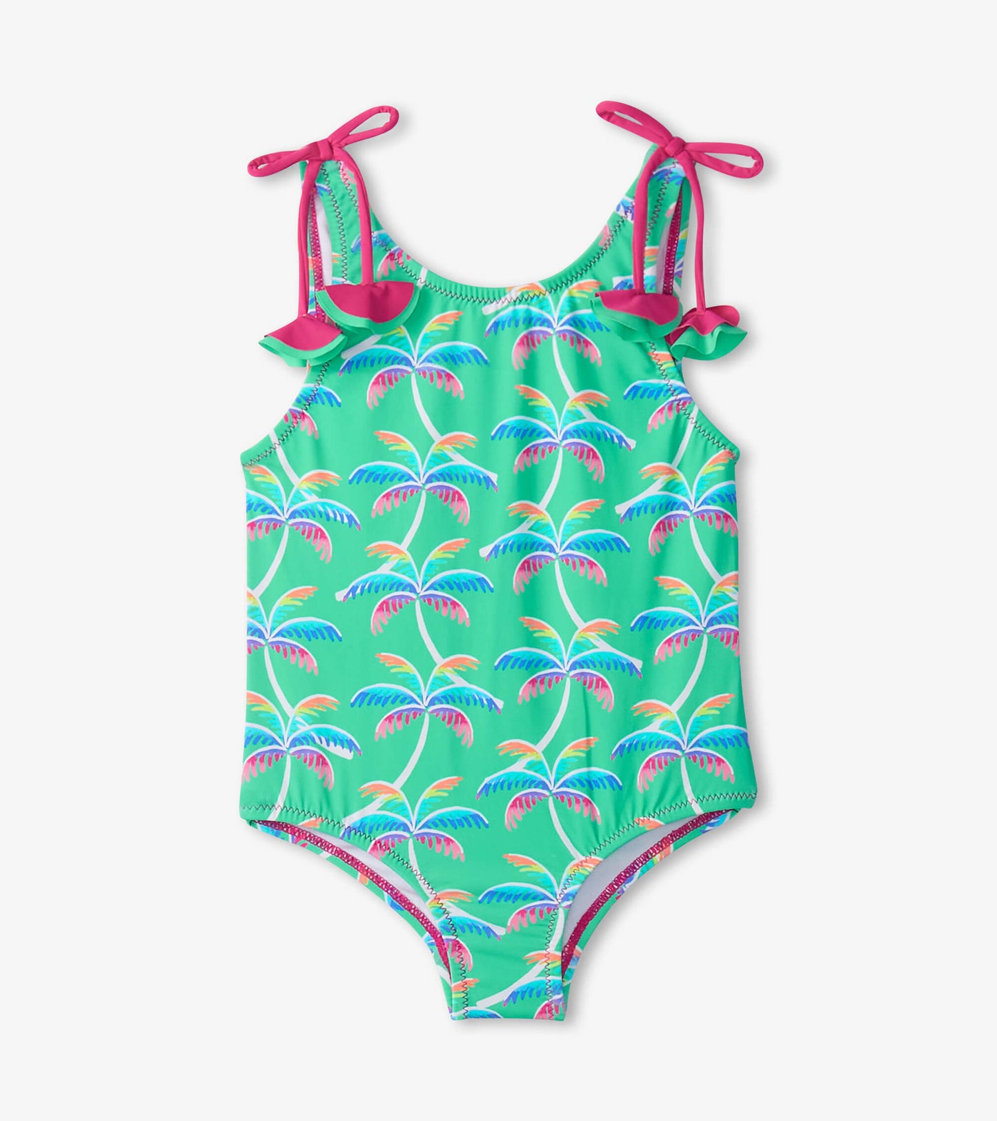 Green swimsuit with colorful palm tree print, ruffled shoulder straps, and bow details. Ideal for summer fun.