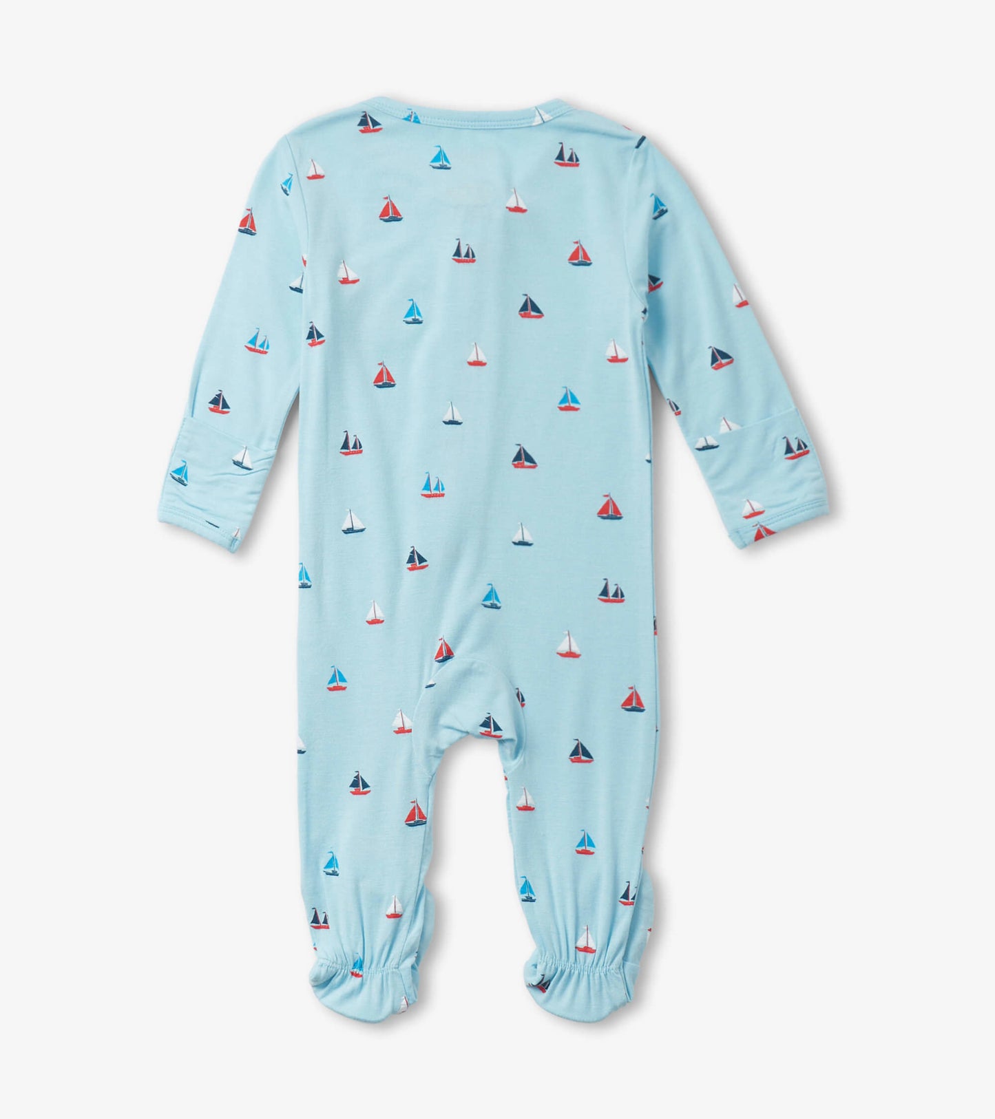 Light blue footed sleeper with tiny sailboat print, featuring long sleeves and elastic cuffs.