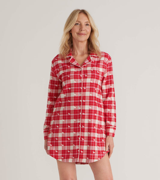 Red plaid flannel nightgown with long sleeves, button front, and playful dog print, perfect for cozy nights.