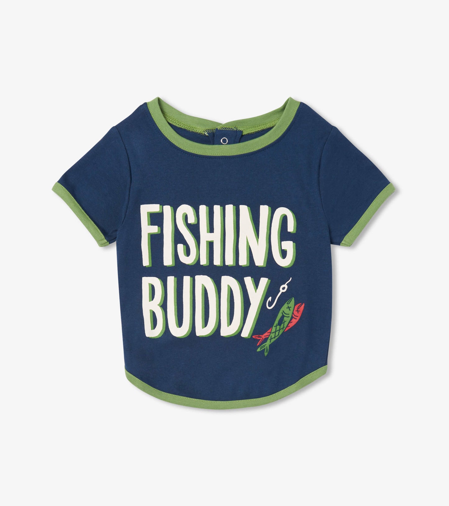 Navy blue dog tee with green trim featuring "FISHING BUDDY" text and fish graphics. Short sleeves and rounded hem.